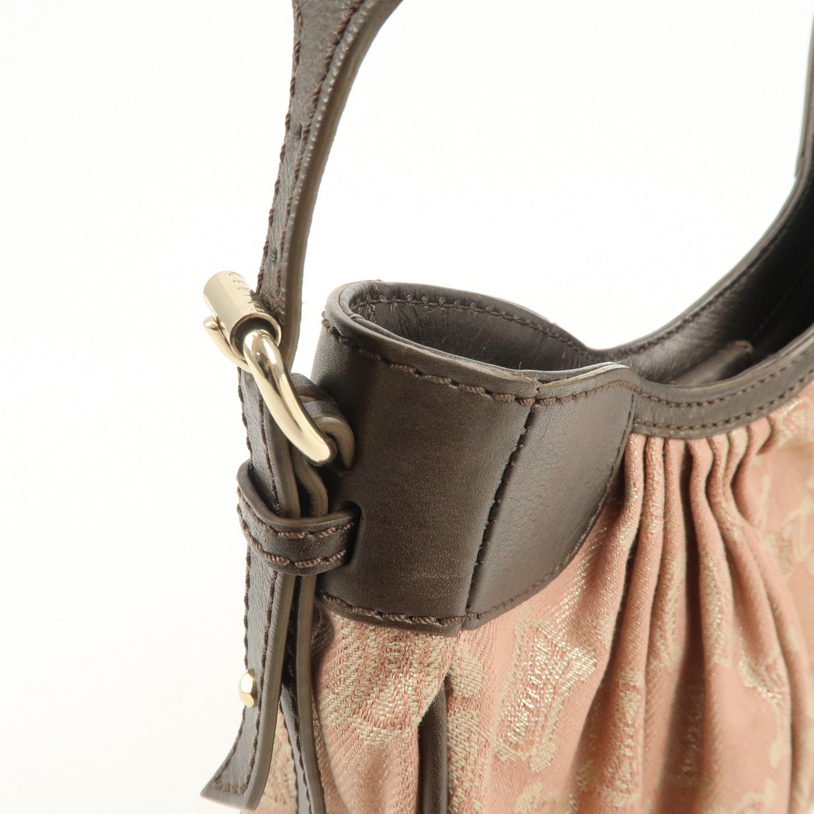 CELINE Macadam Canvas Leather Nylon Velour Shoulder Bag Pink Brown