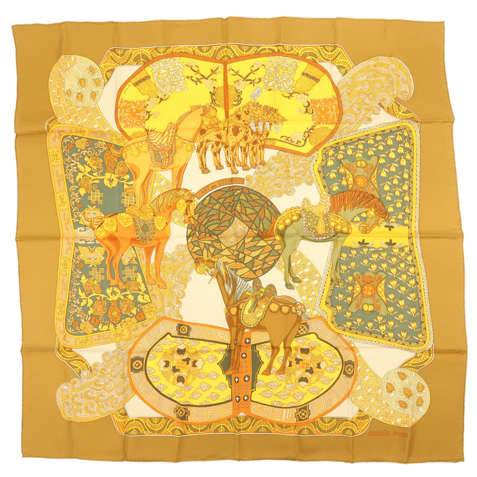 HERMES Carre 90 Silk 100% Scarf ART des STEPPES Horse Print Orange