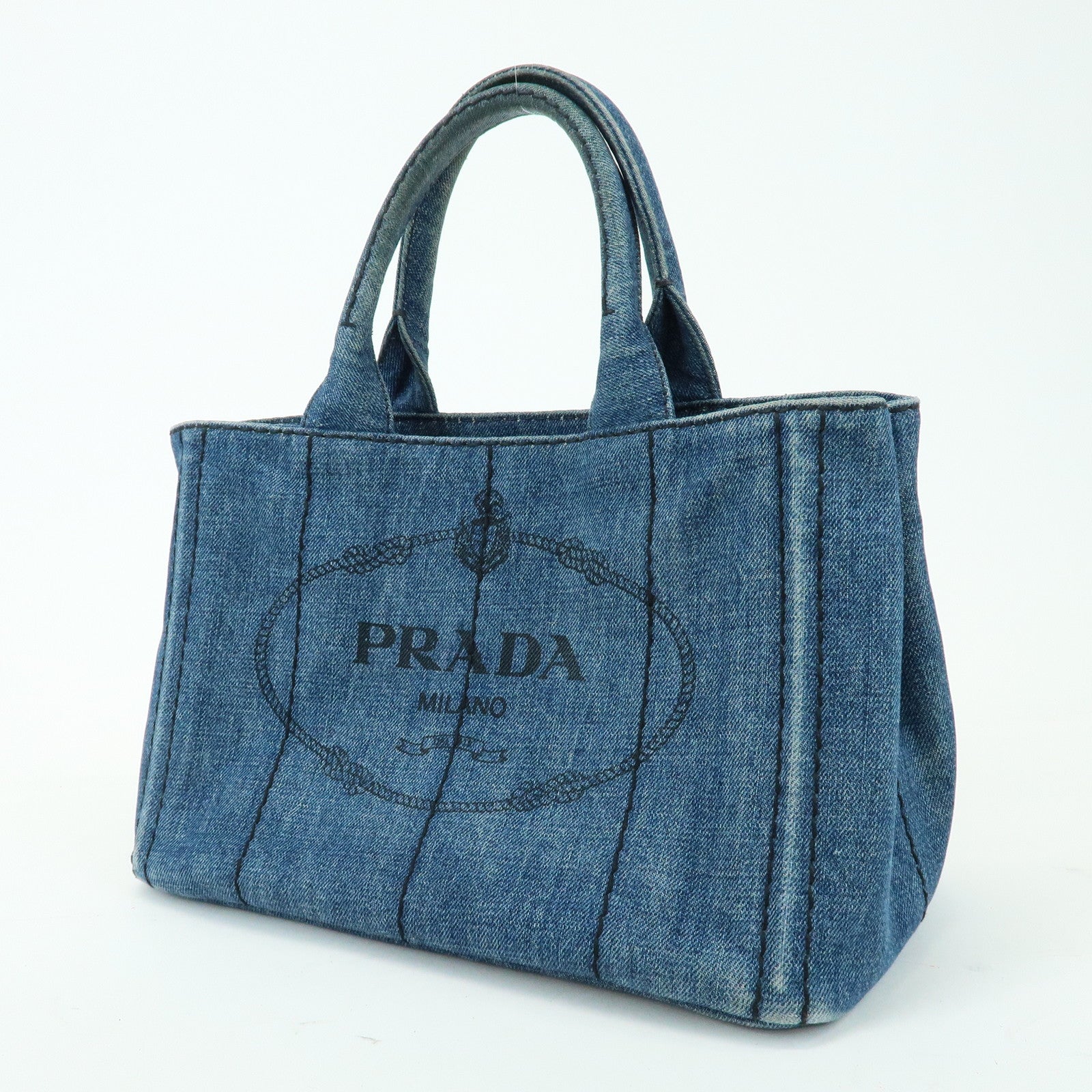 PRADA Triangle Logo Canapa Mini Denim 2Way Bag Hand Bag Blue 1BG439