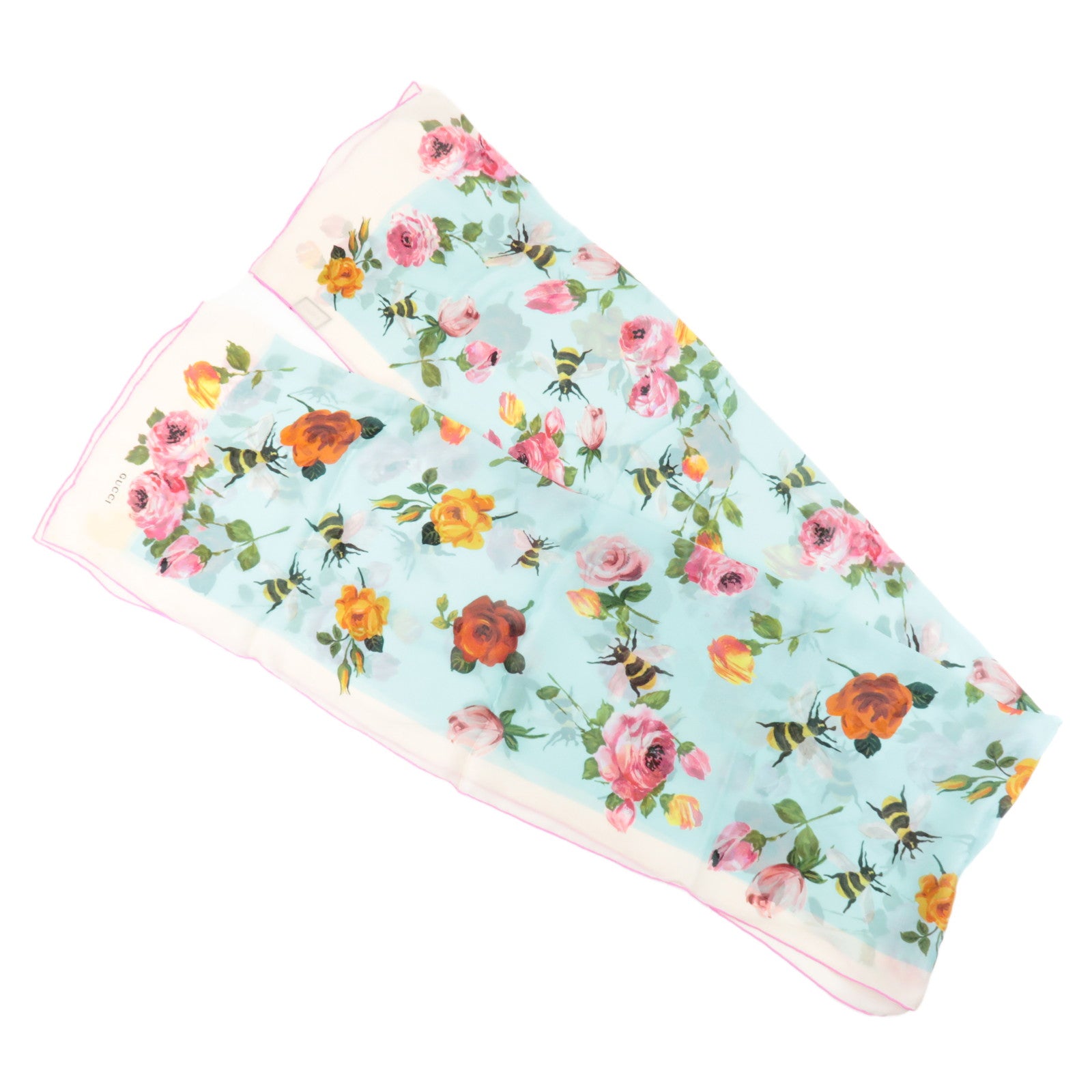 GUCCI Silk 100% 64 ×192 Floral Honey Bee Print Scarf Blue