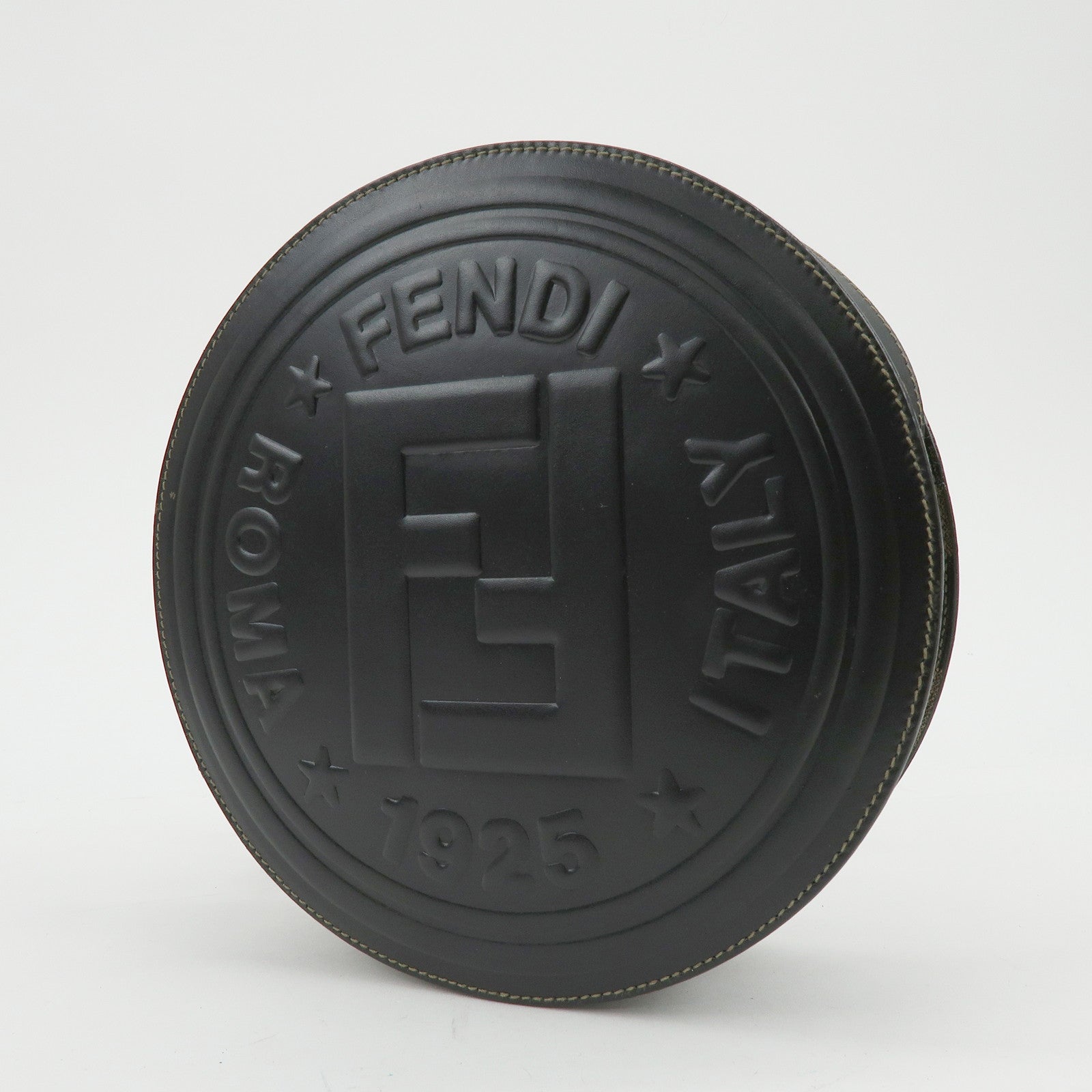 FENDI Leather PVC Round Shoulder Bag Checker Pattern Black Brown