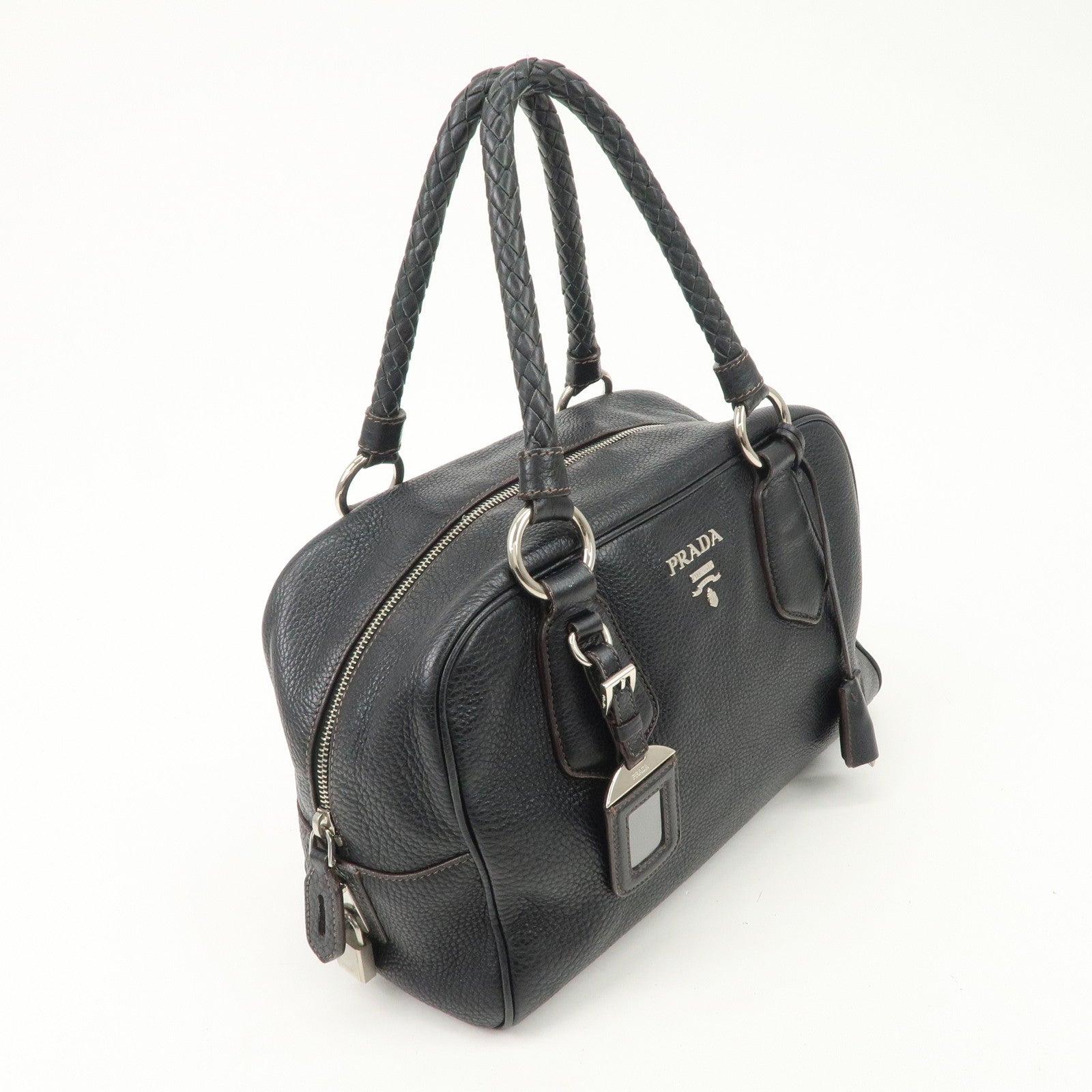 PRADA Logo Leather Hand Bag Mini Boston Bag Black BL0471 Used