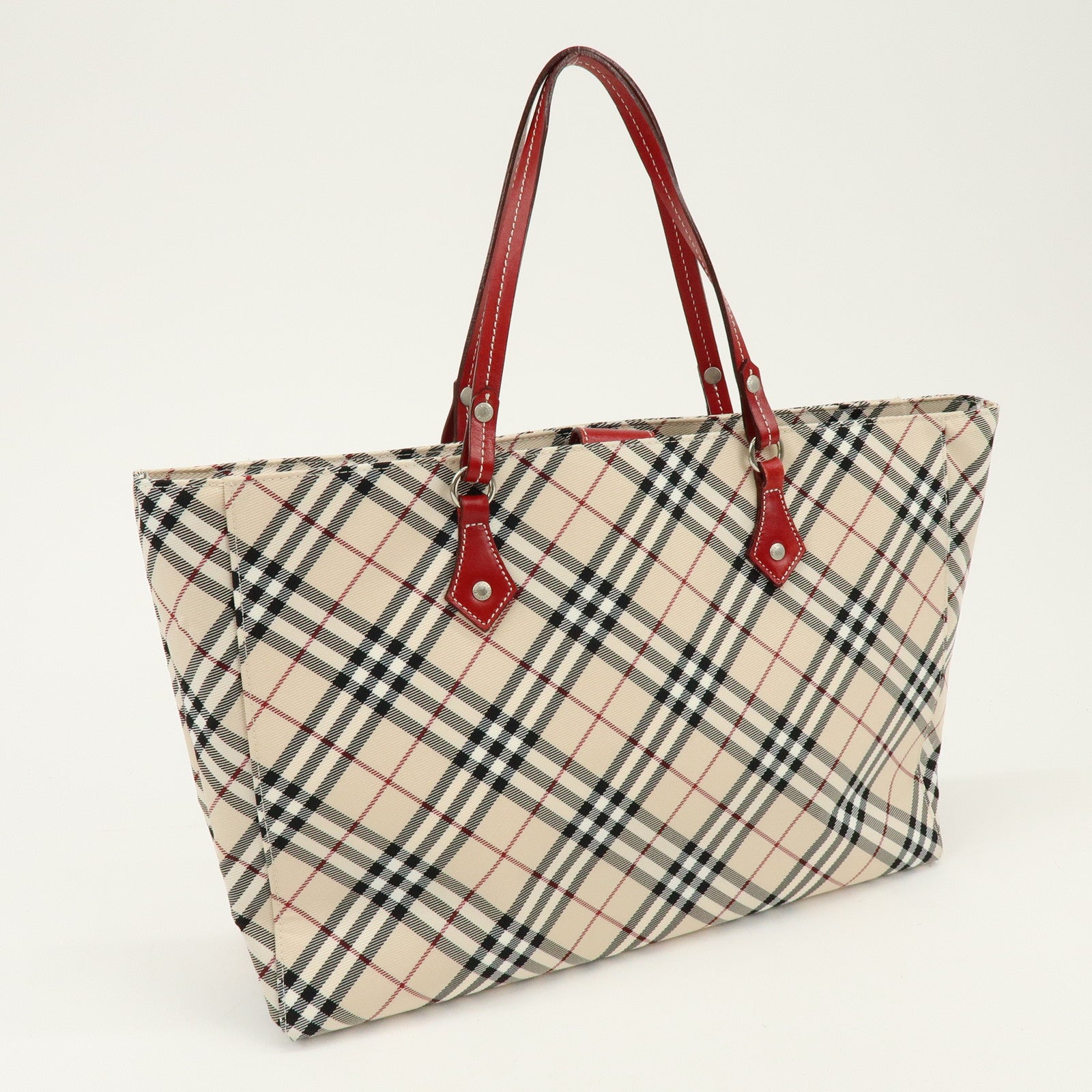 BURBERRY Blue Label Nova Plaid Nylon Leather Tote Bag Beige Red