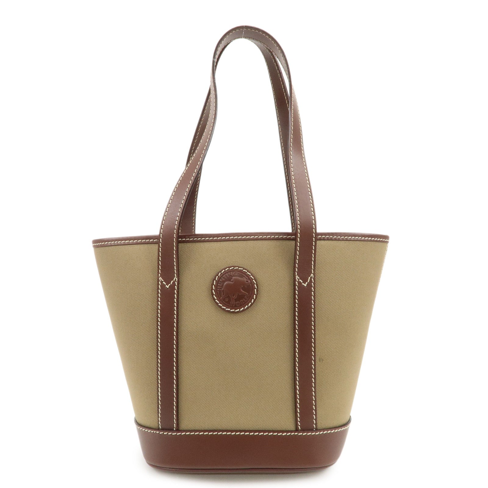 HUNTING WORLD Canvas Leather Tote Bag Hand Bag Khaki Brown