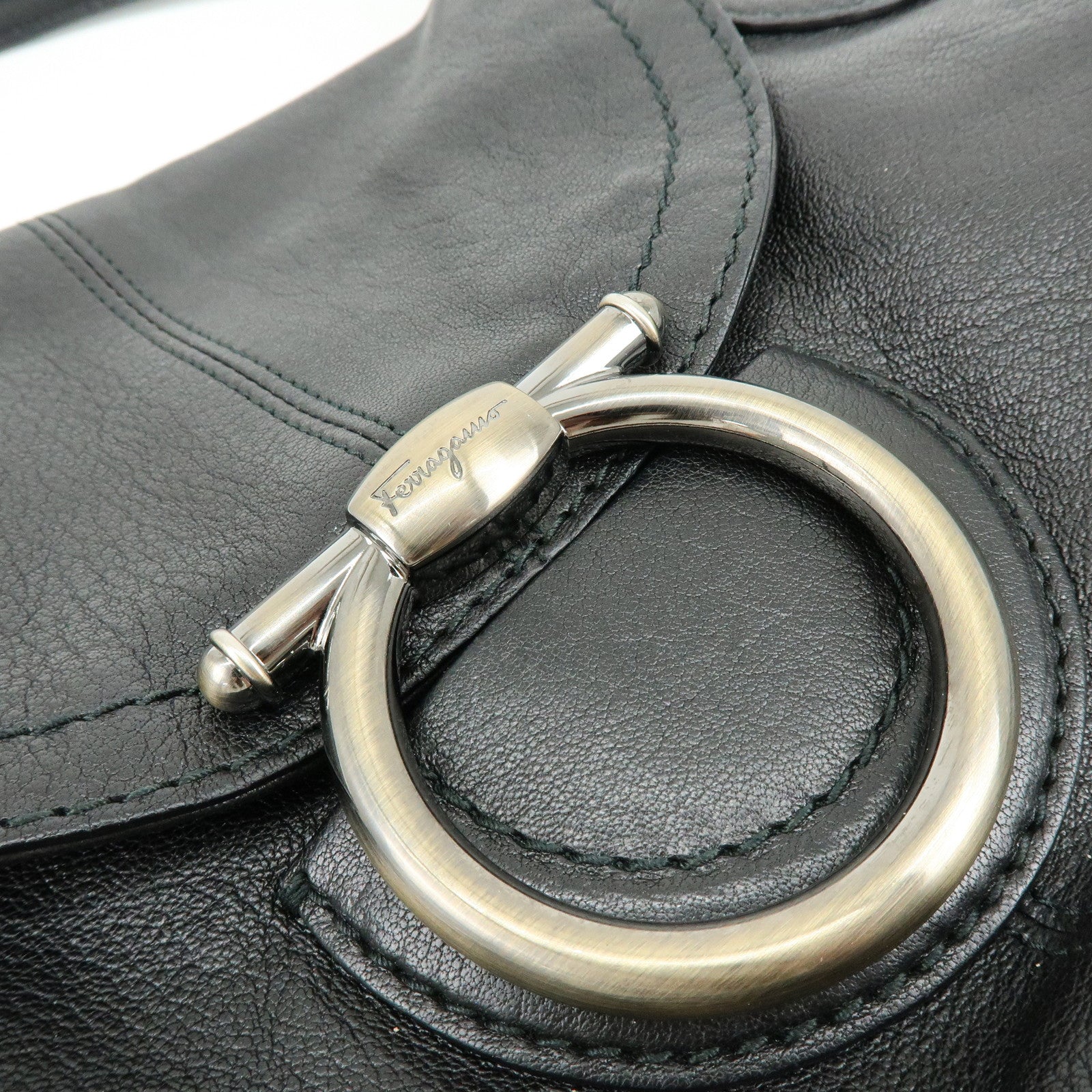 Ferragamo Gancini Leather Shoulder Bag Hand Bag Black
