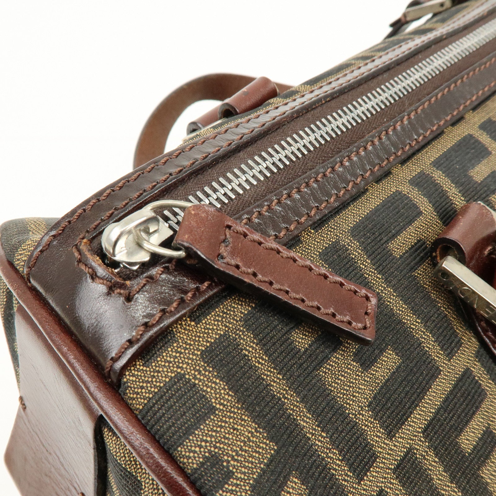 FENDI Zucca Canvas Leather Boston Bag Hand Bag Brown 16327