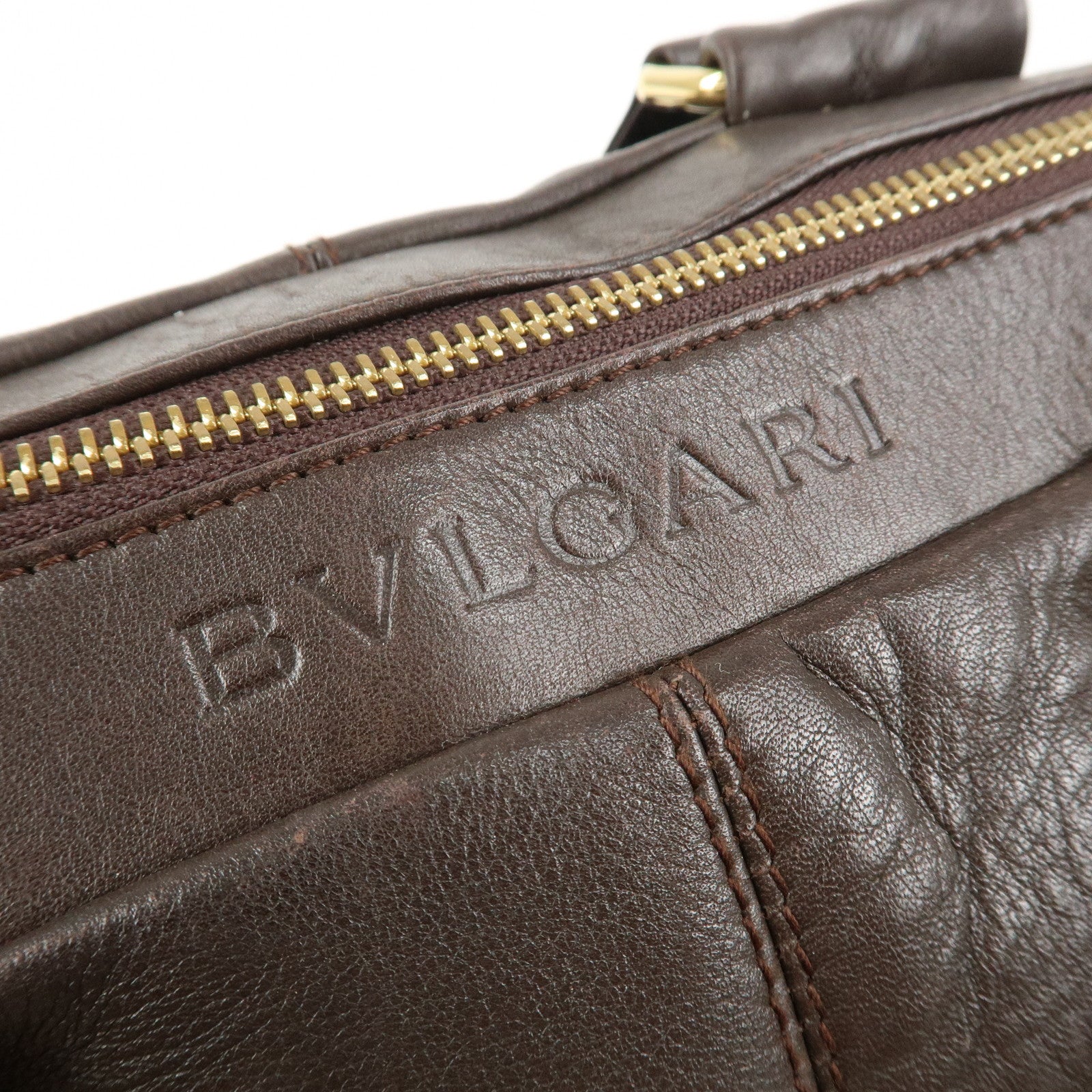 BVLGARI Leoni Leather Hand Bag Boston Bag Brown Gold Hardware Used