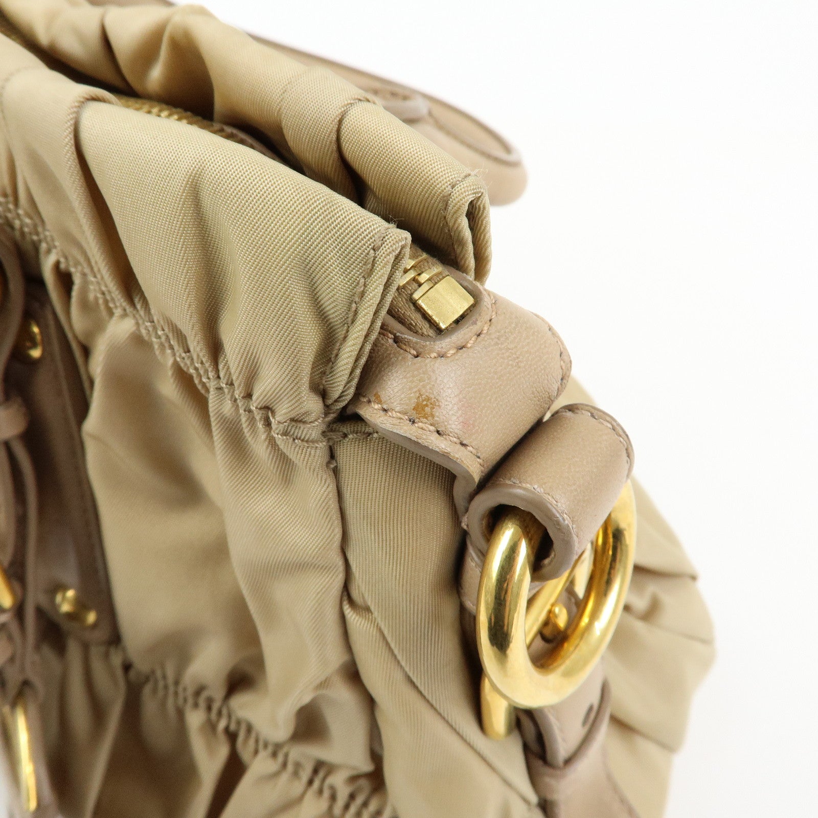 PRADA Gathered Nylon Leather 2Way Hand Shoulder Bag Beige BN1407