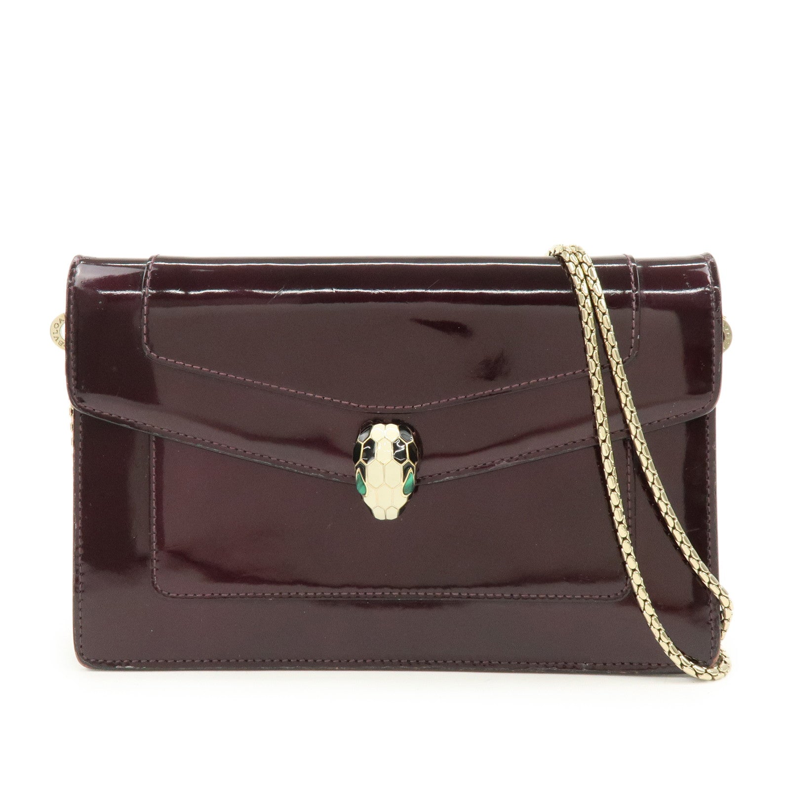 BVLGARI Serpenti Forever Patent Leather Chain Wallet Purple