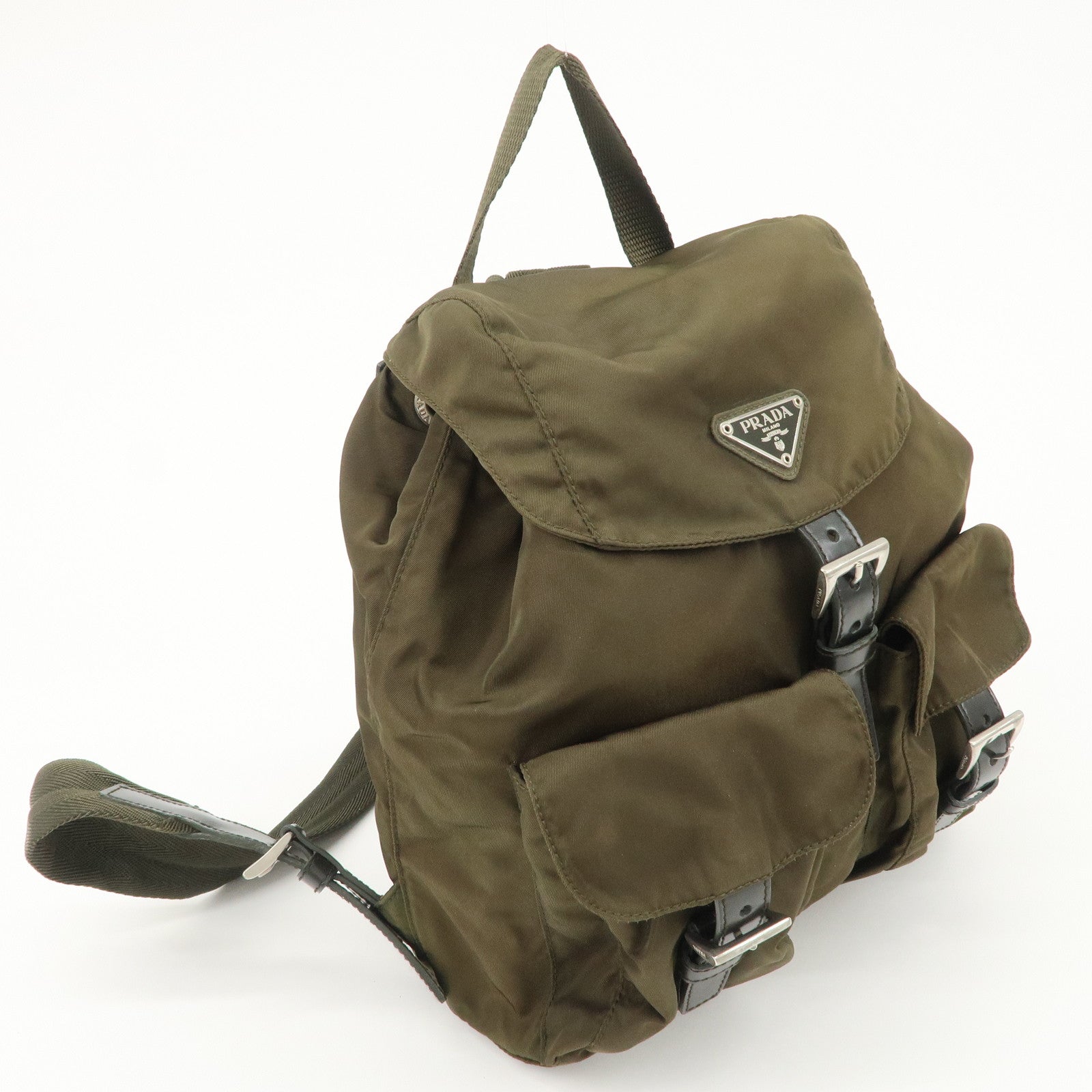 PRADA Triangle Logo Nylon Leather Backpack Ruck Sack Khaki B6677 Used
