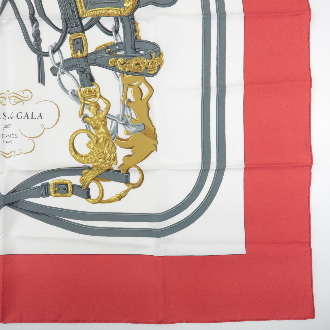 HERMES Carre 90 Silk 100% Scarf BRIDES DE GALA Gray Gold Red
