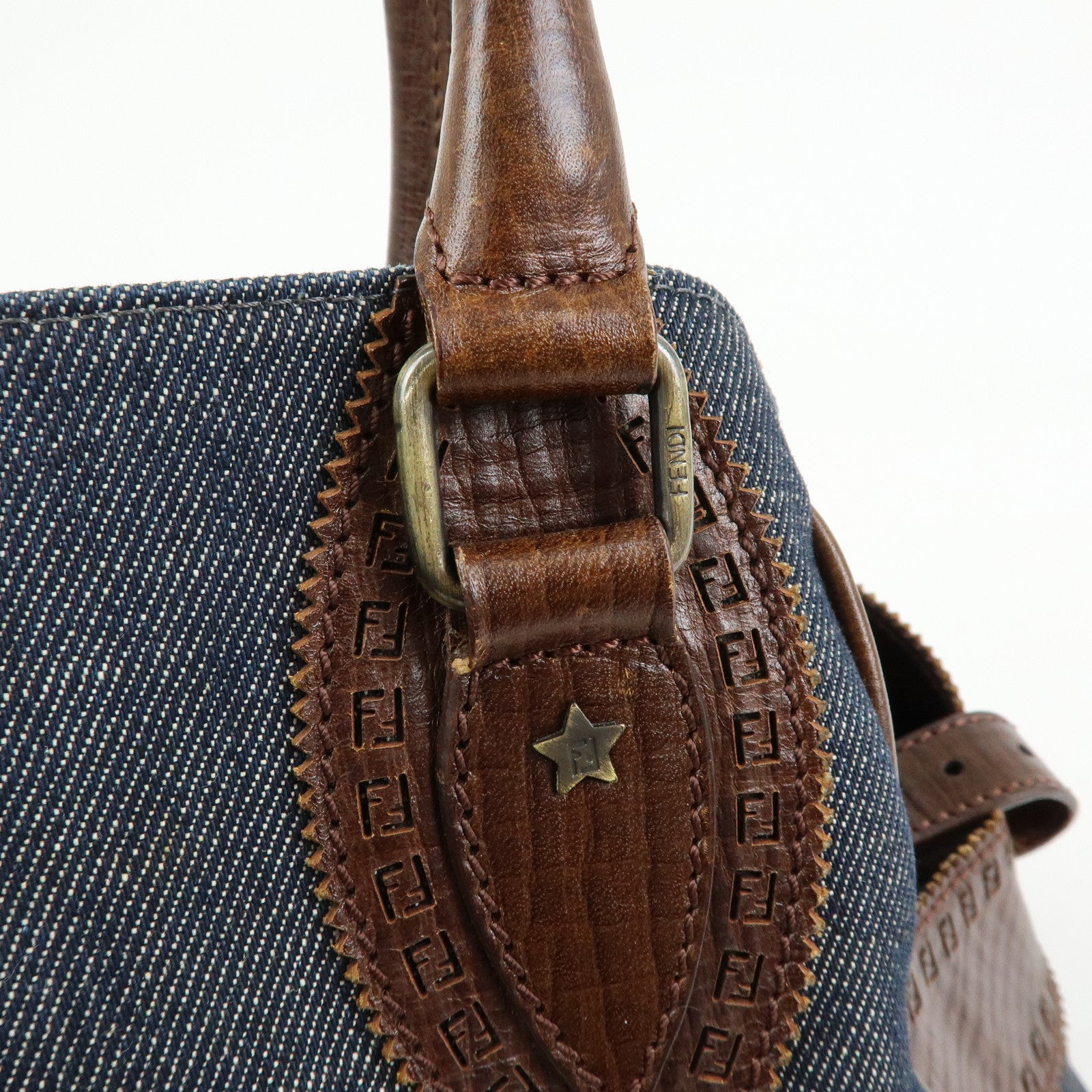 FENDI Etnico Denim Leather Tote Bag Shoulder Bag Blue Brown 8BN157