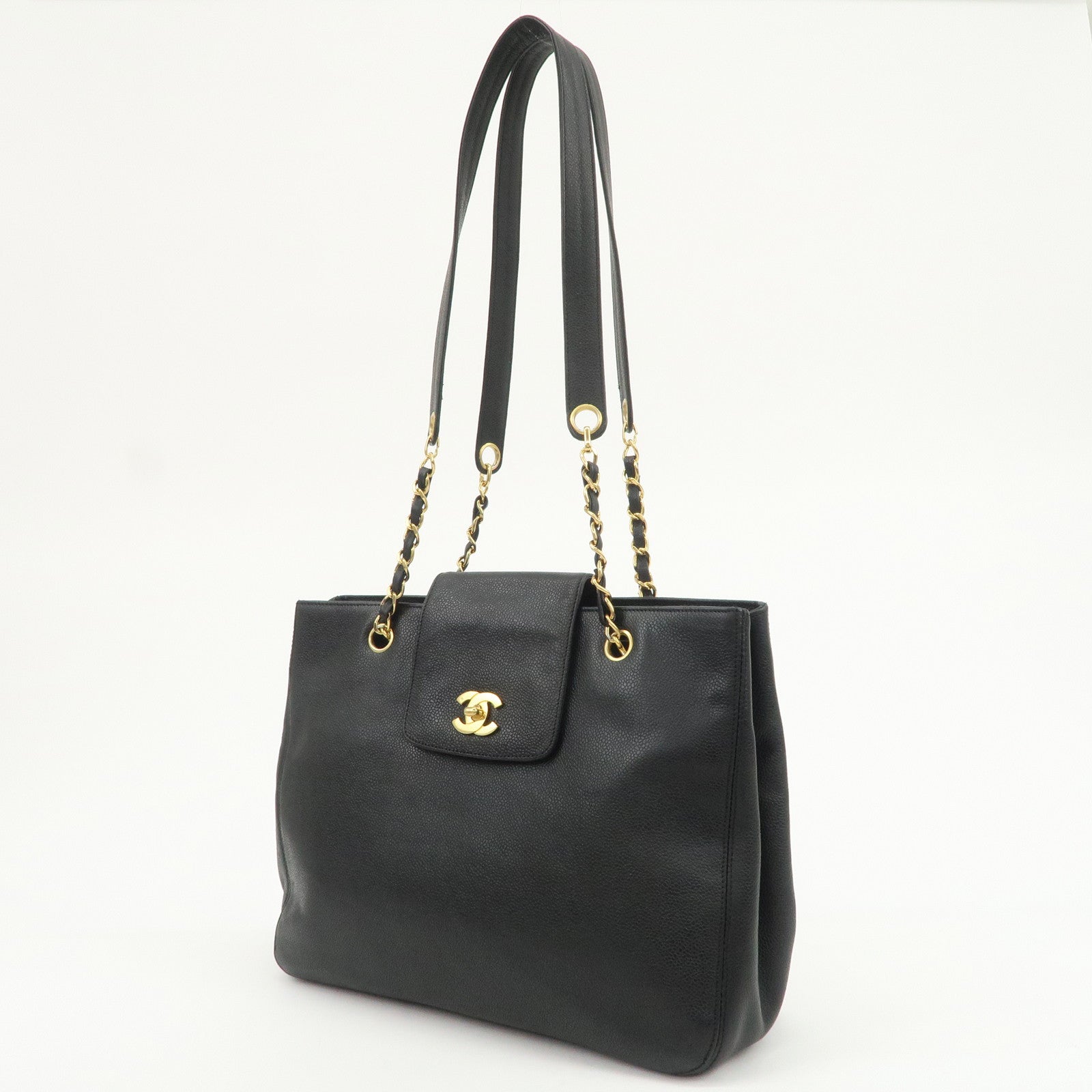 CHANEL COCO Mark Caviarskin Chain Tote Bag Shoulder Bag Black Gold