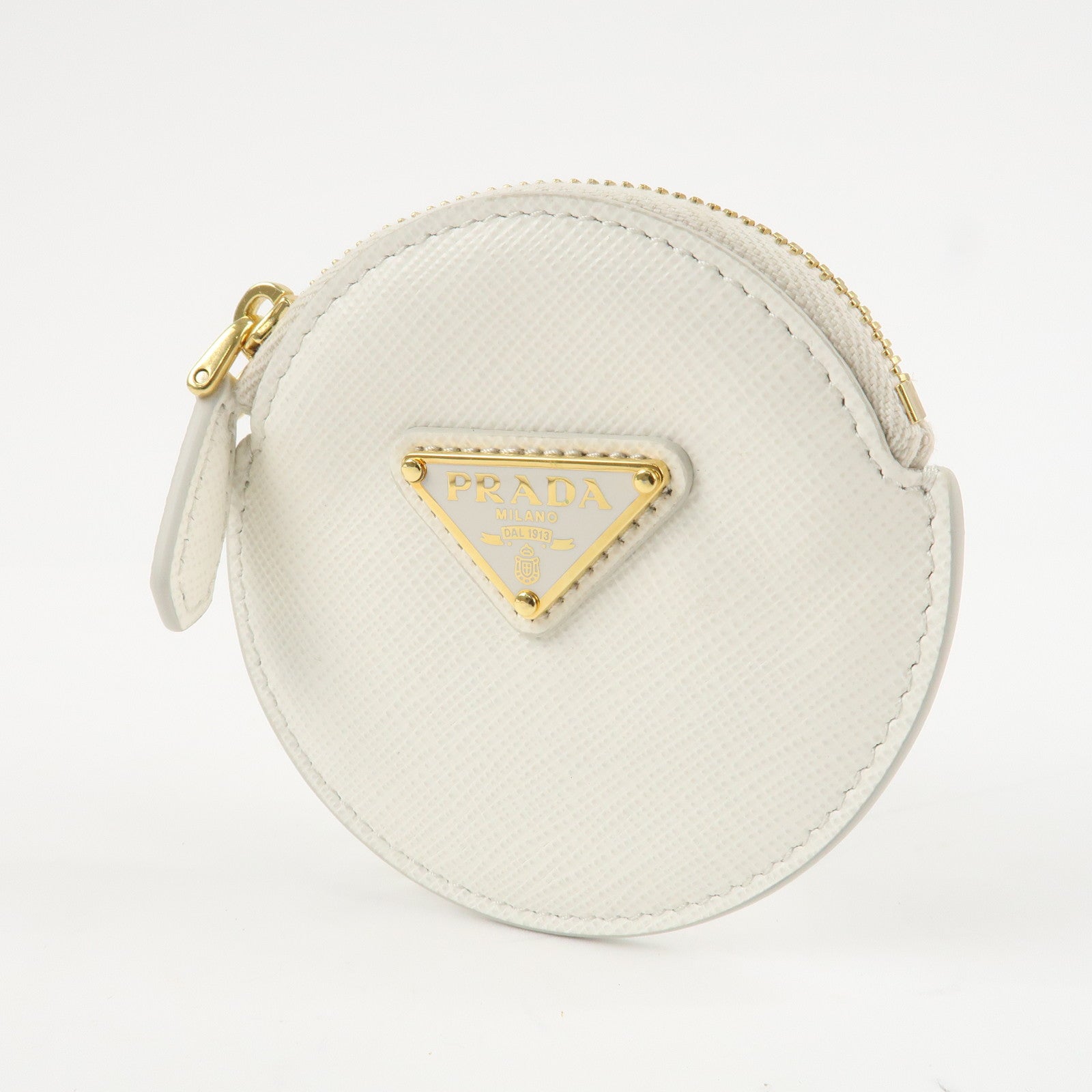 PRADA Triangle Logo Saffiano Leather Coin Case White 1MM006 Used