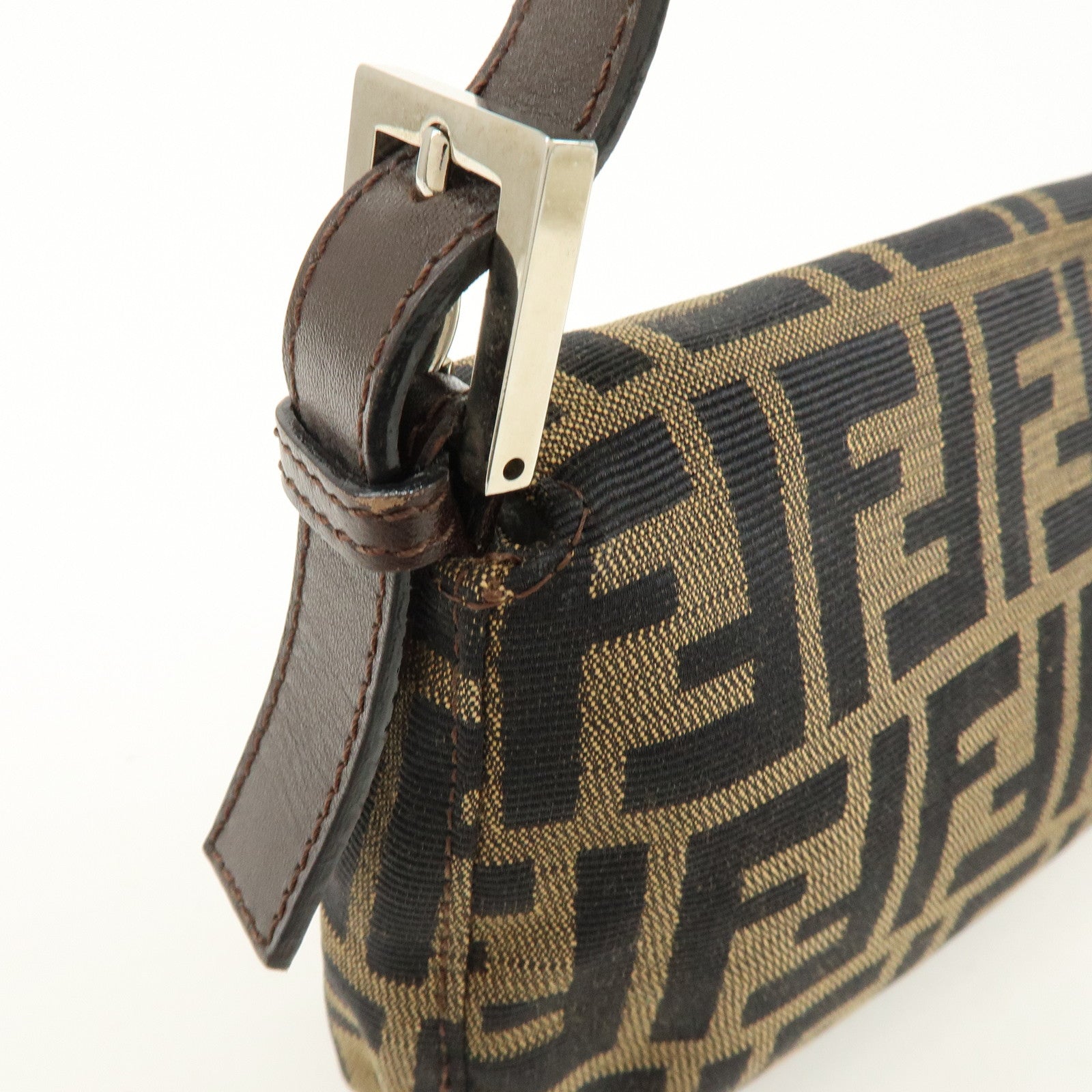 FENDI Mamma Baguette Zucca Canvas Leather Shoulder Bag Brown 8BR000