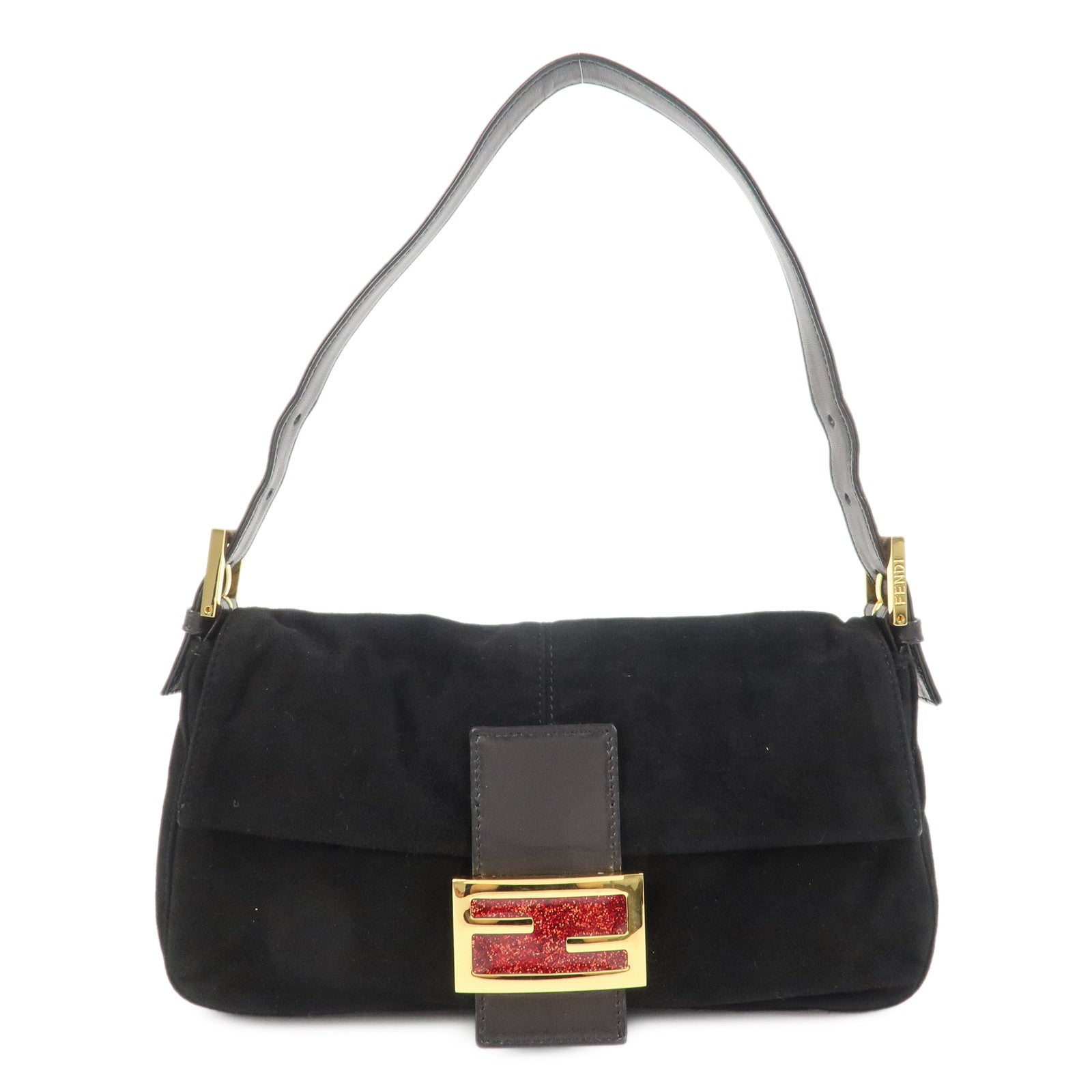 FENDI Mamma Baguette Suede Leather Shoulder Bag Black 26424