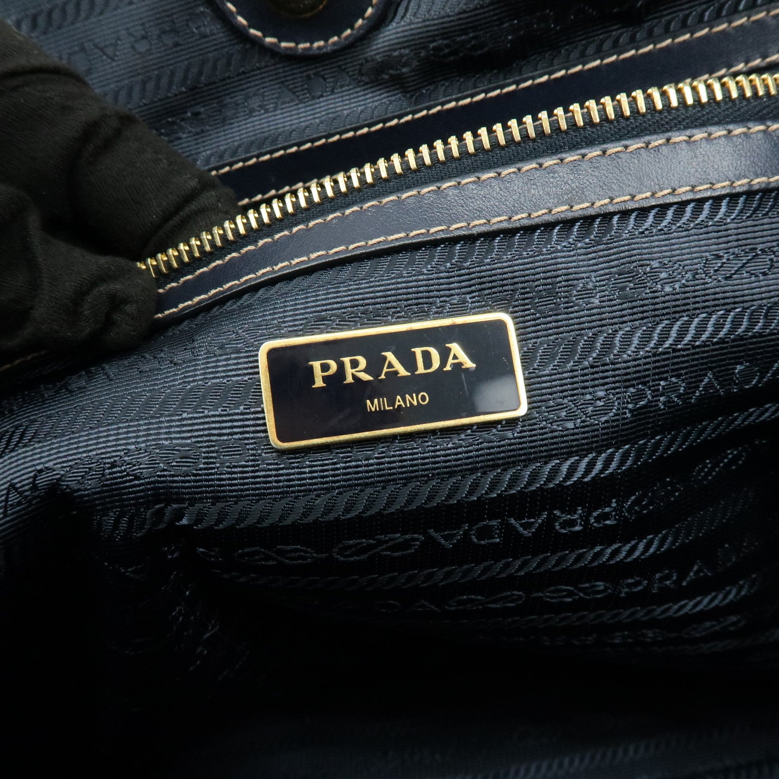 PRADA Logo Jacguard Leather Tote Bag Hand Bag Beige Navy