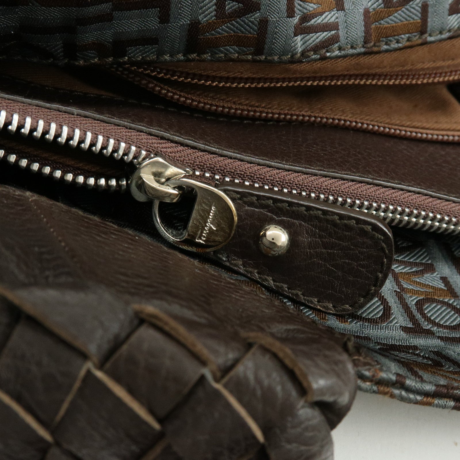 Ferragamo Gancini Canvas Leather Tote Bag Shoulder Bag Brown
