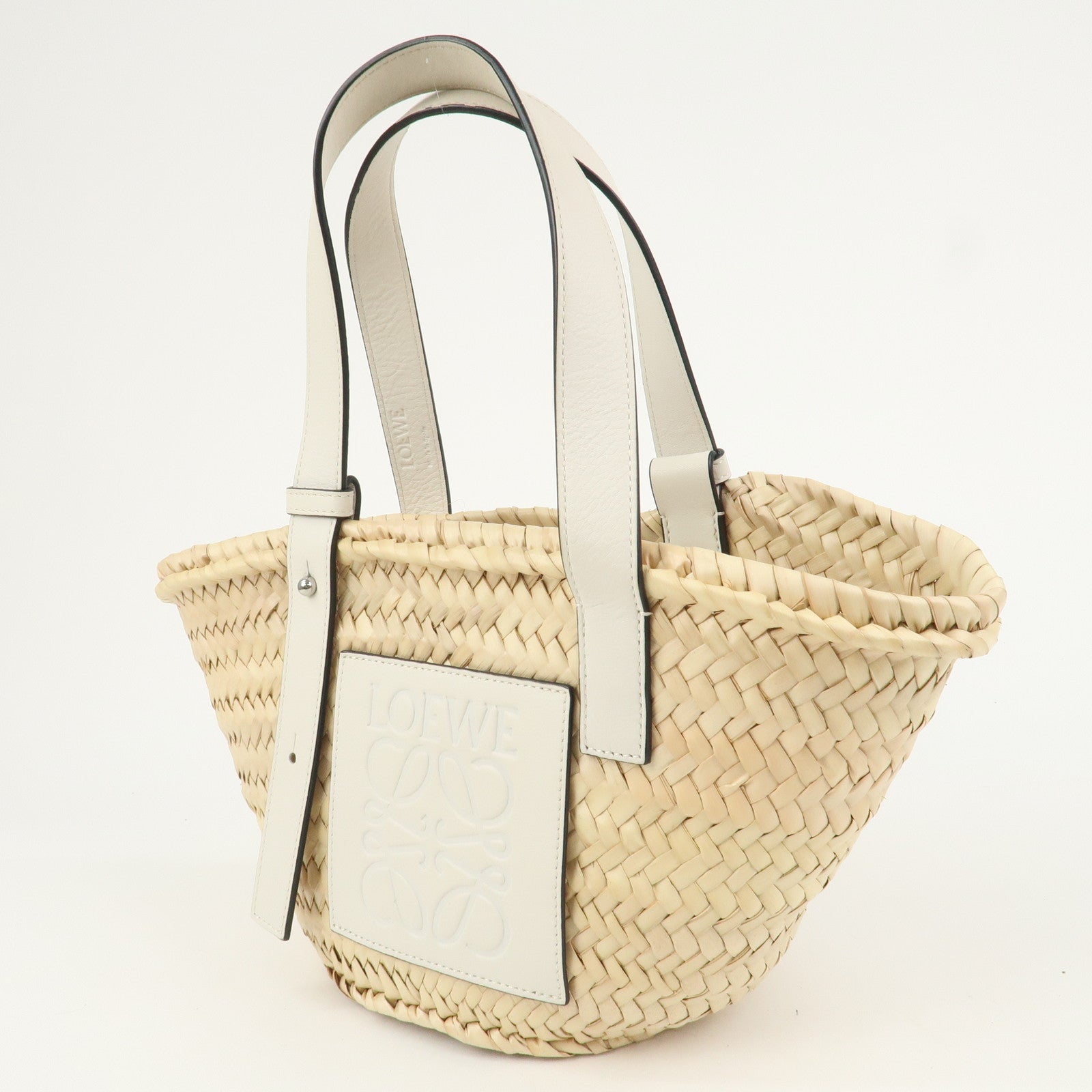 LOEWE Raffia Leather Small Basket Bag Hand Bag Natural White