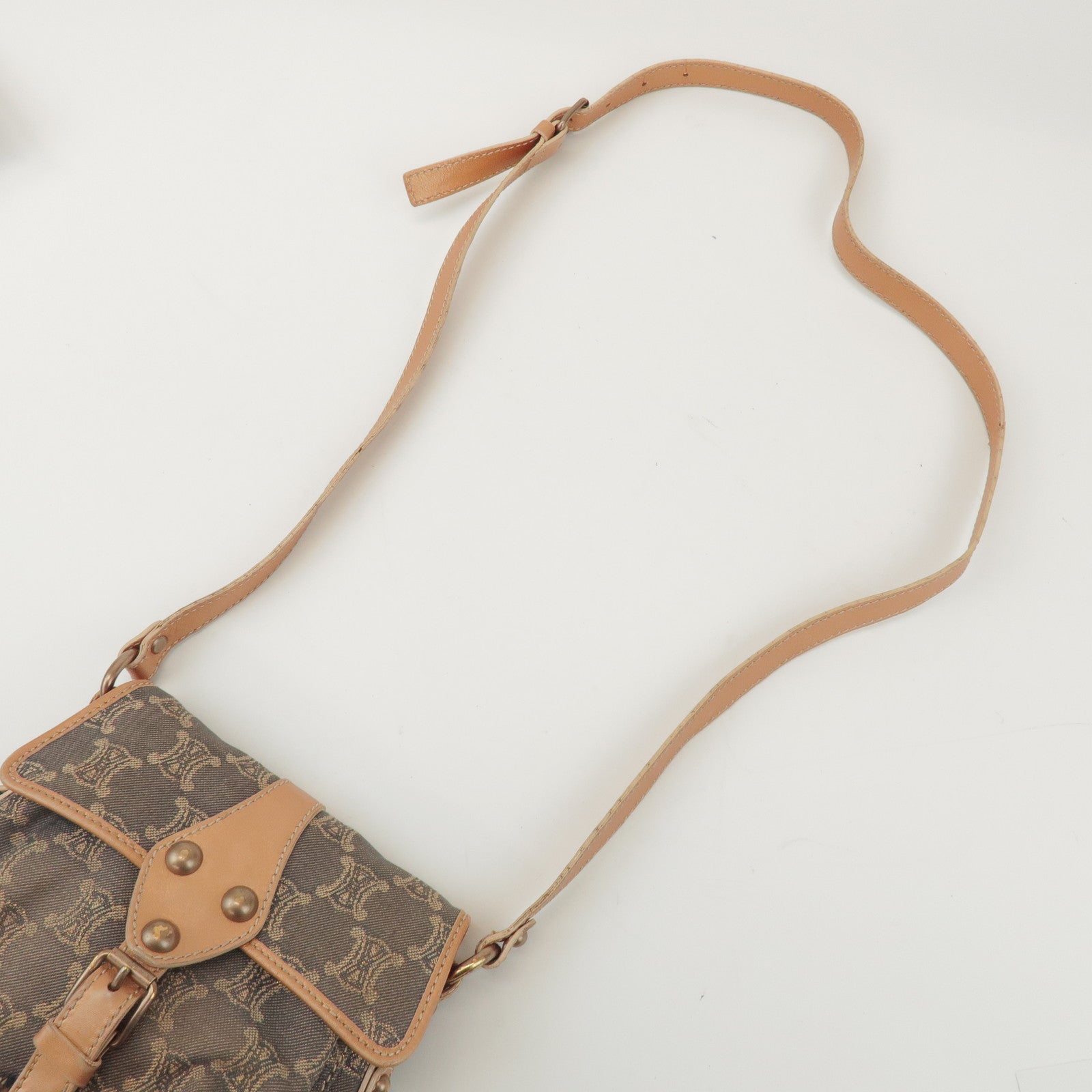 CELINE Macadam Denim Leather Shoulder Bag Metallic Pink Beige