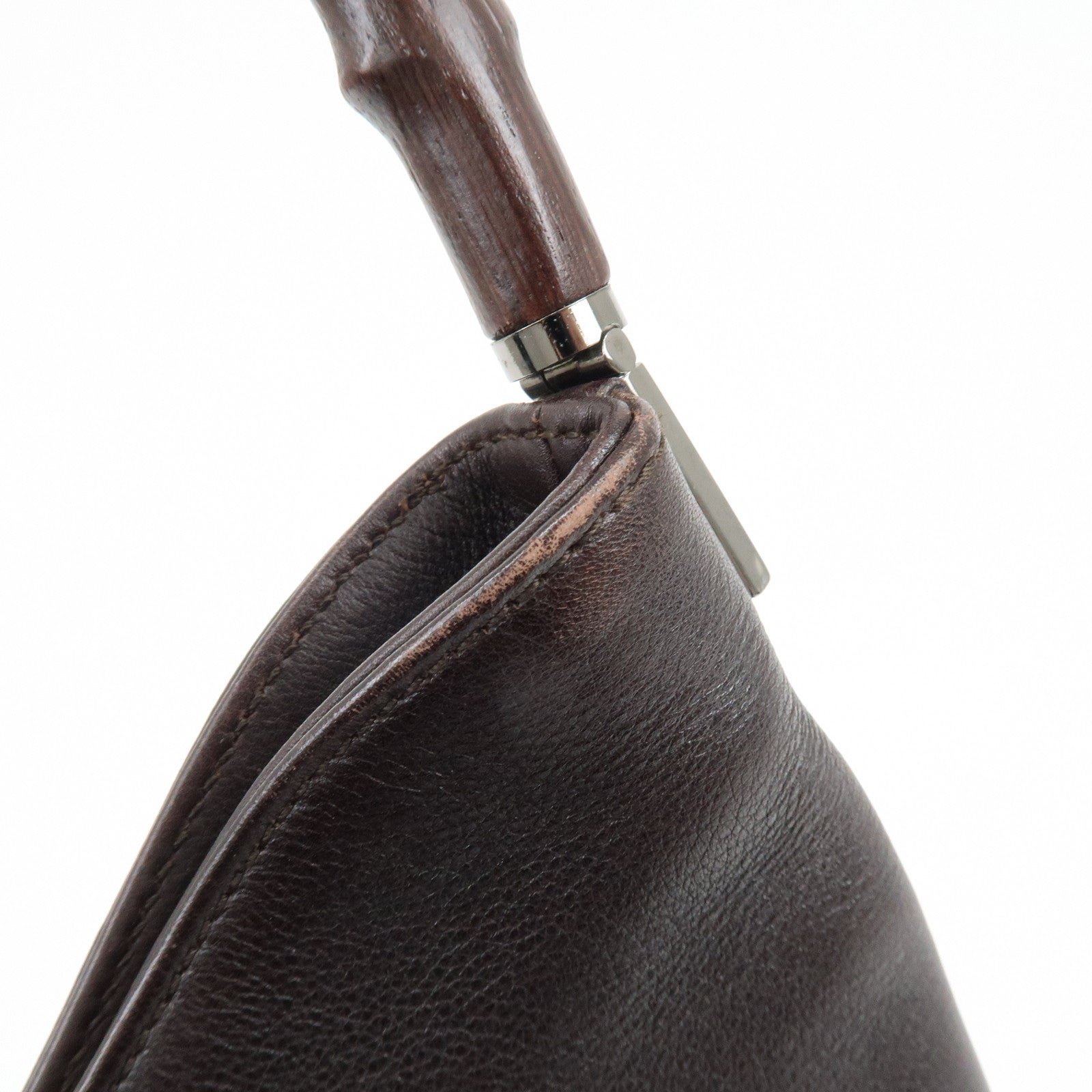GUCCI Bamboo Leather Shoulder Bag Hand Bag Dark Brown 001・3244