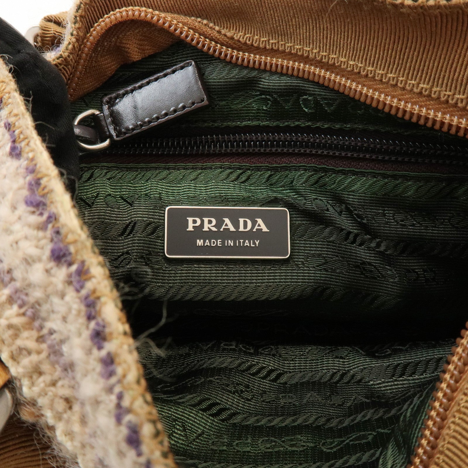 PRADA Triangle Logo Tweed Leather Hand Bag Light Brown Multicolor