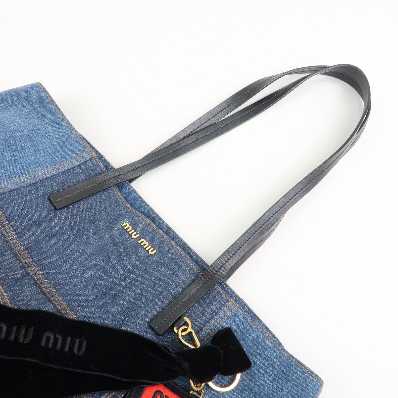 MIU MIU Leather Denim Tote Bag Shoulder Bag Navy 5BG024 Used