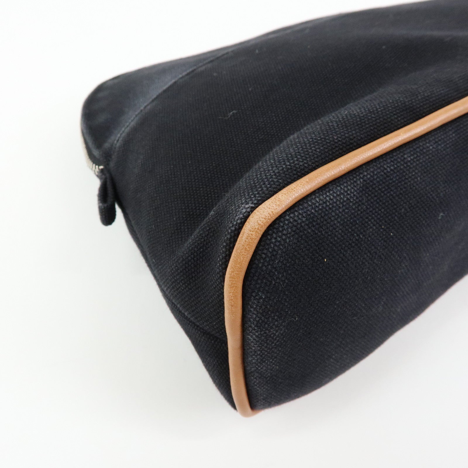 HERMES Bolide MM Cotton Leather Cosmetic Pouch Black Beige