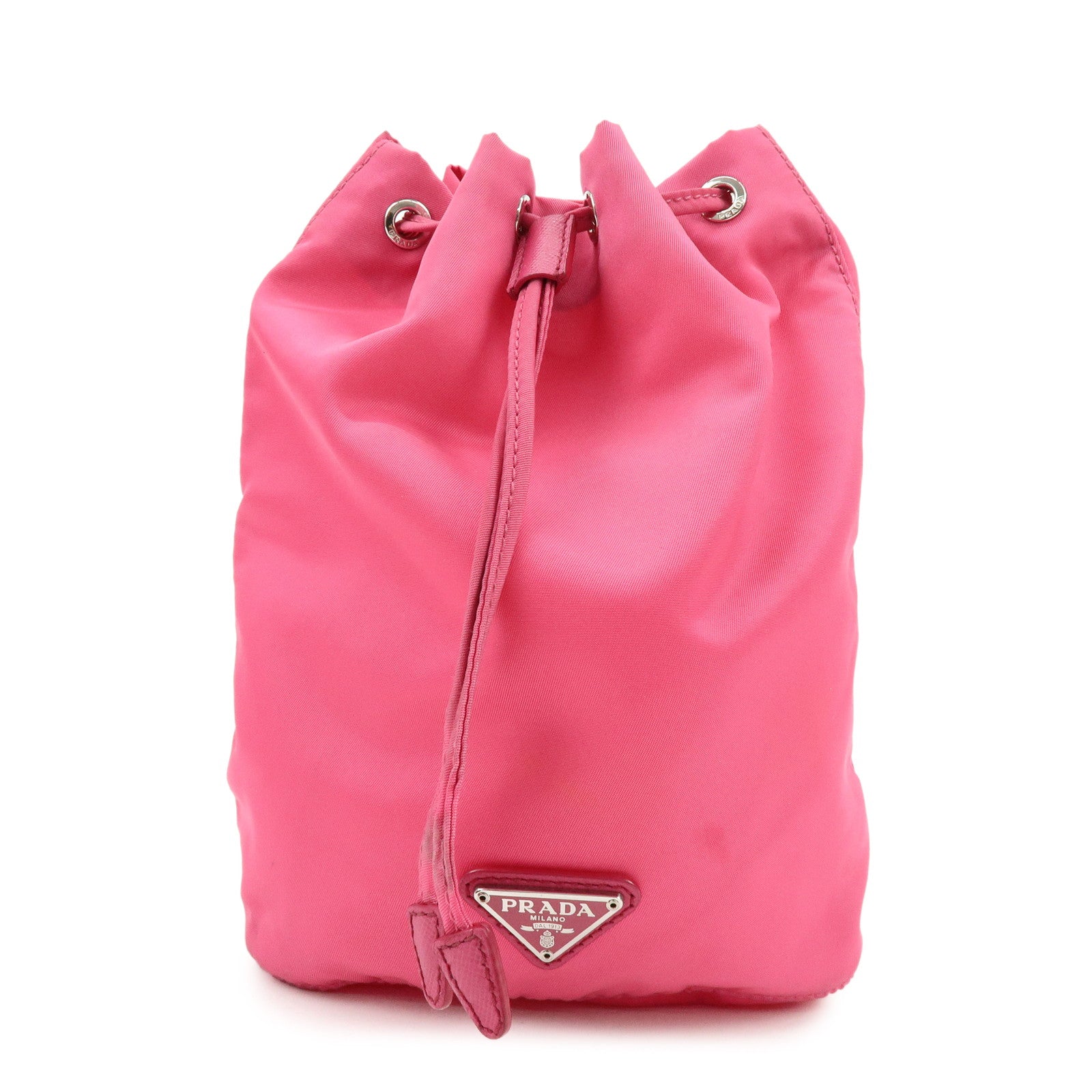 PRADA Triangle Logo Nylon Leather Drawstring Pouch Pink 1N0369