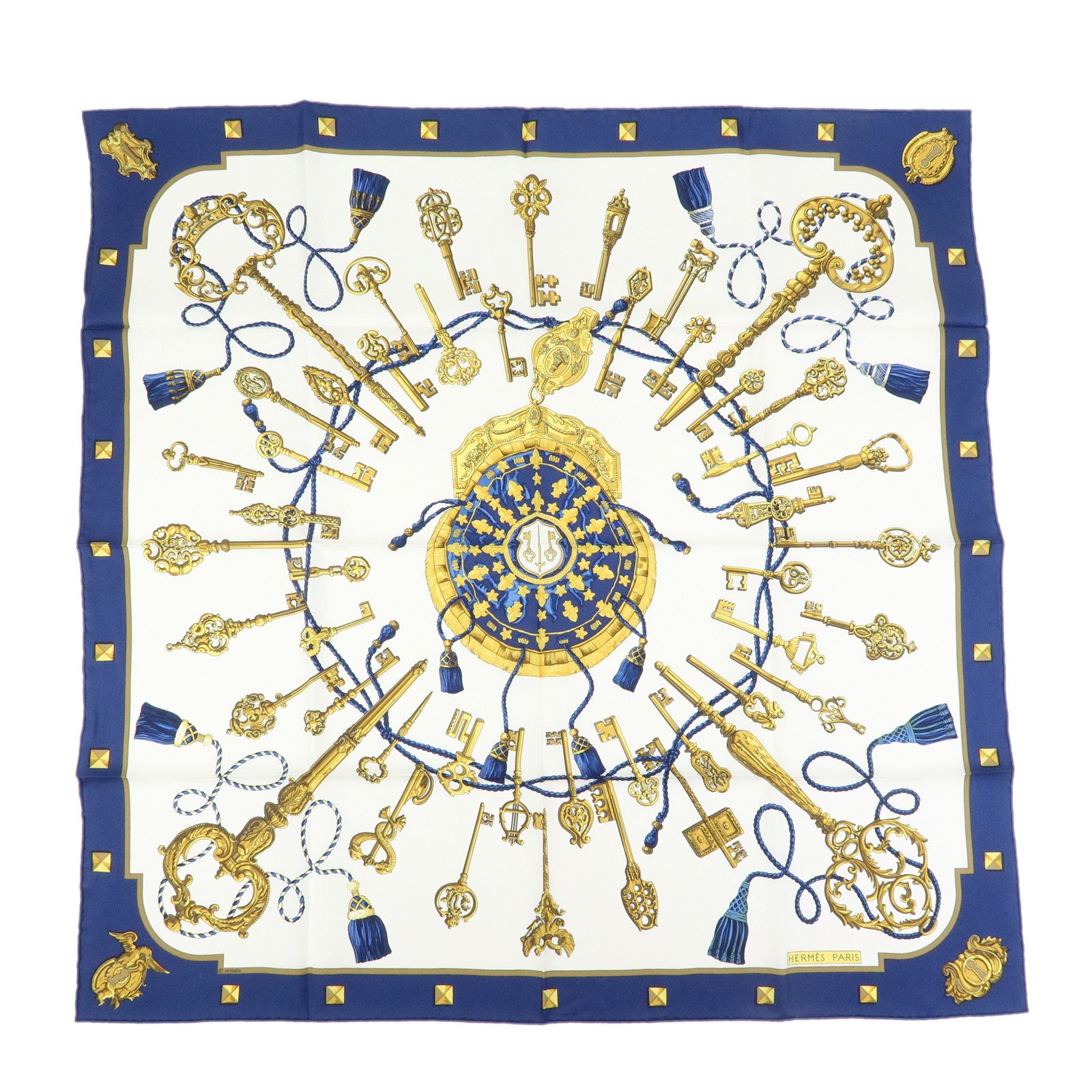 HERMES Carre 90 Silk 100% Scarf LES CLES THE KEYS RARE White Gold