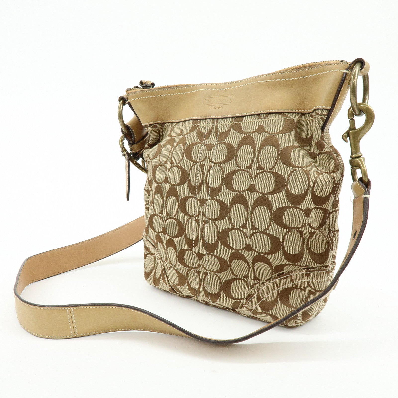 COACH Signature Set of 2 Canvas Leather Shoulder Bag Beige Camel