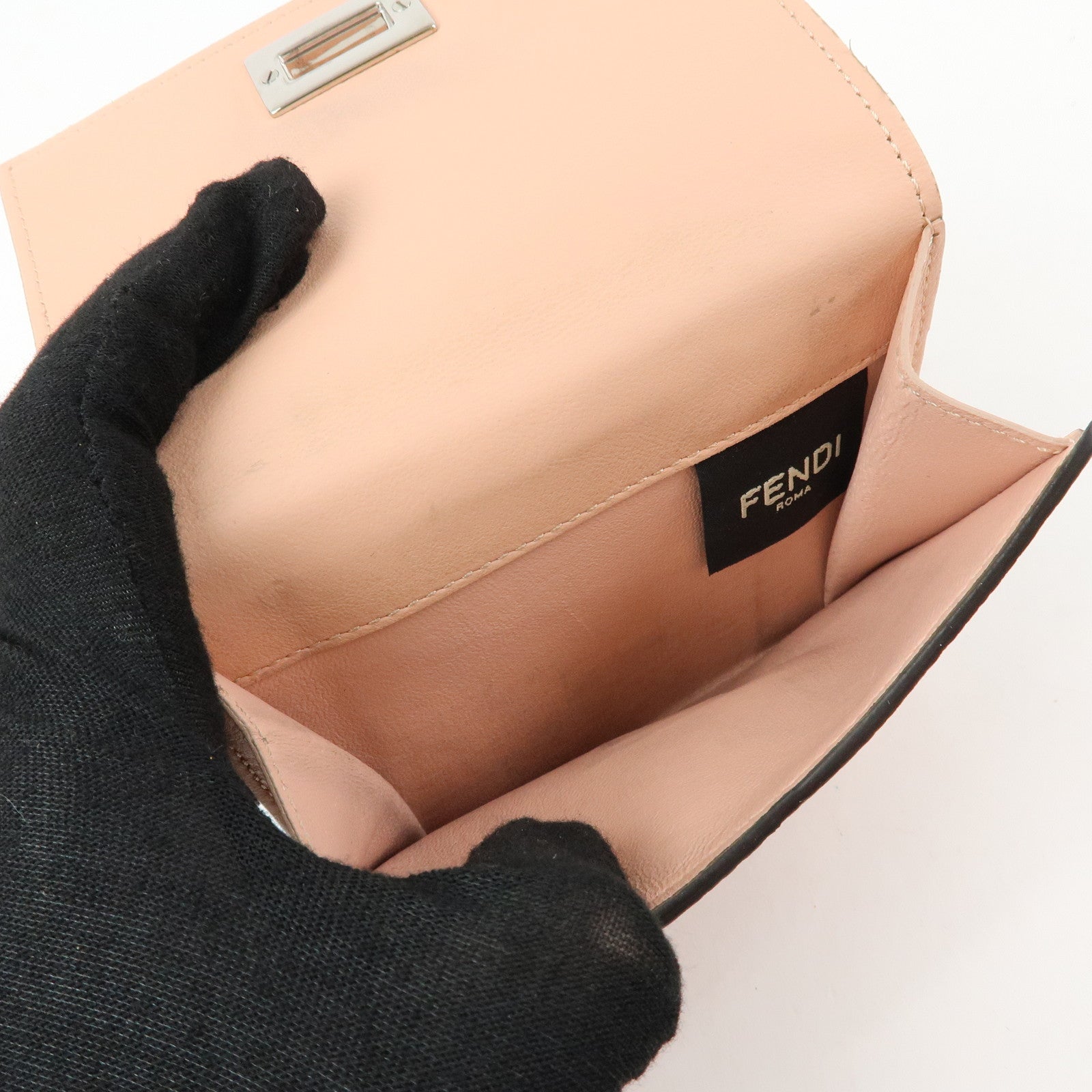 FENDI Selleria Leather Tri-fold Compact Wallet Pink Beige 8M0438