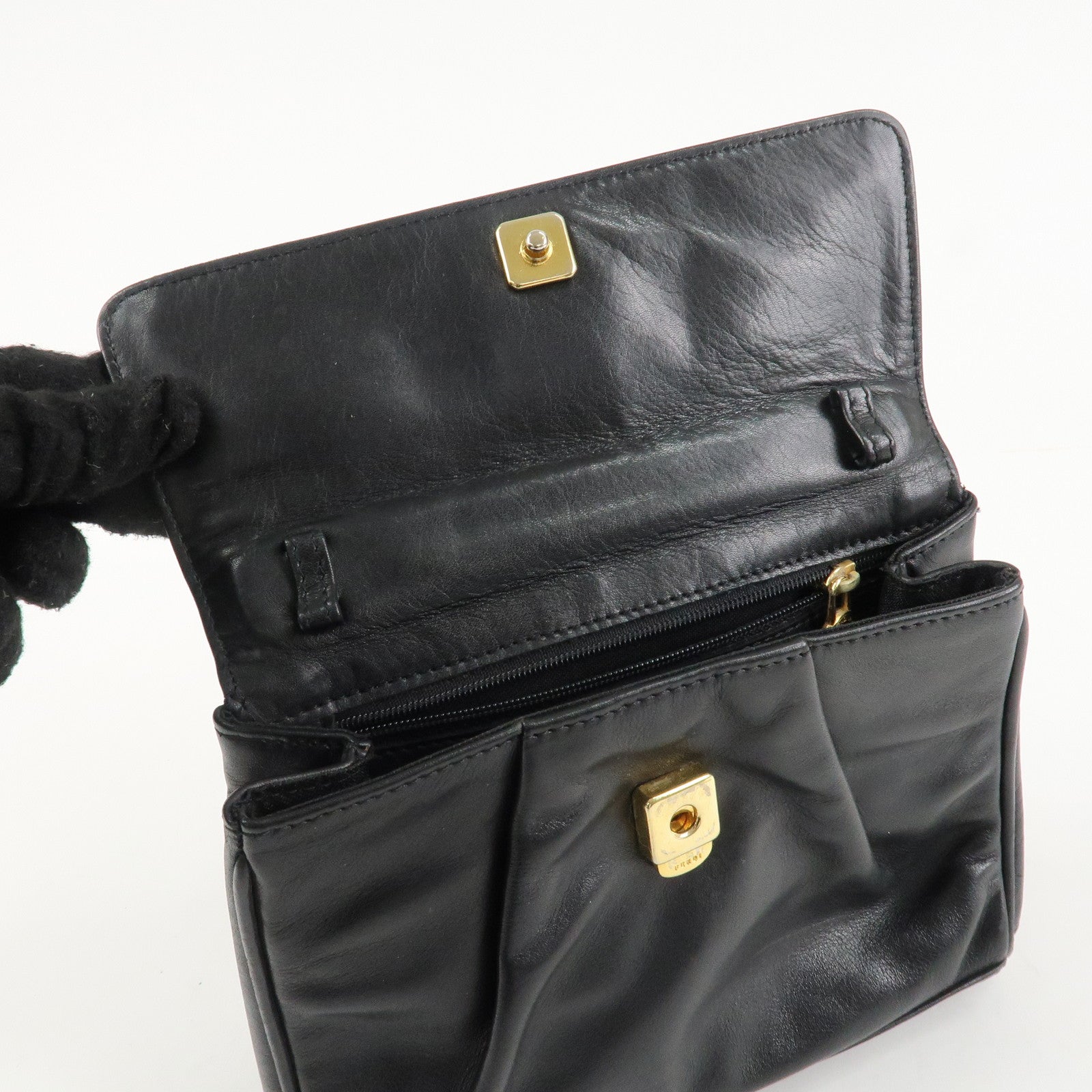 FENDI Leather Hand Bag Tassel Charm Gold Hardware Black Used