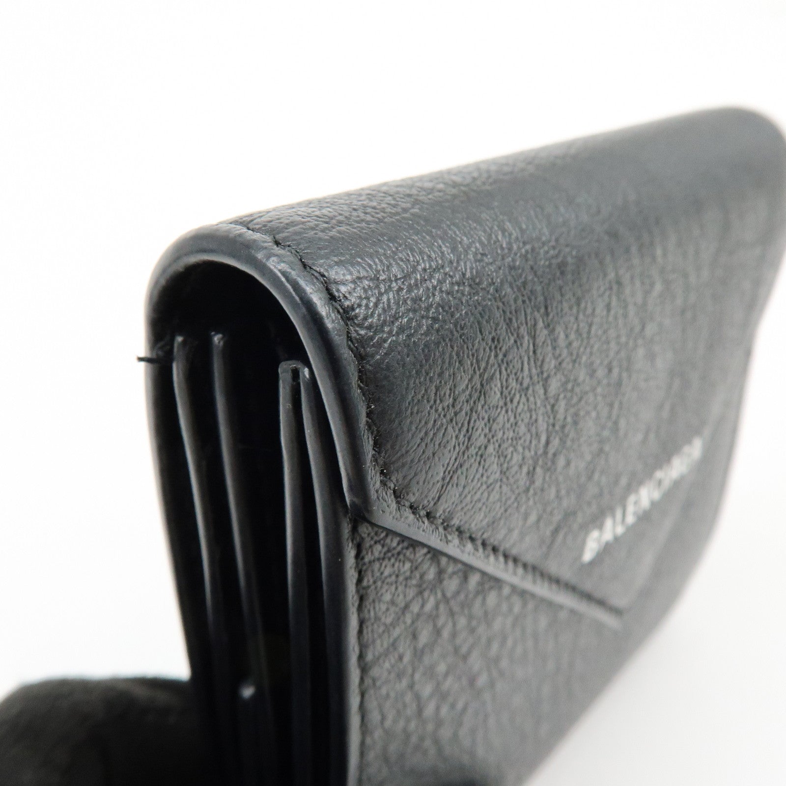 BALENCIAGA Logo Leather Bi-fold Compact Flap Wallet Black 637450