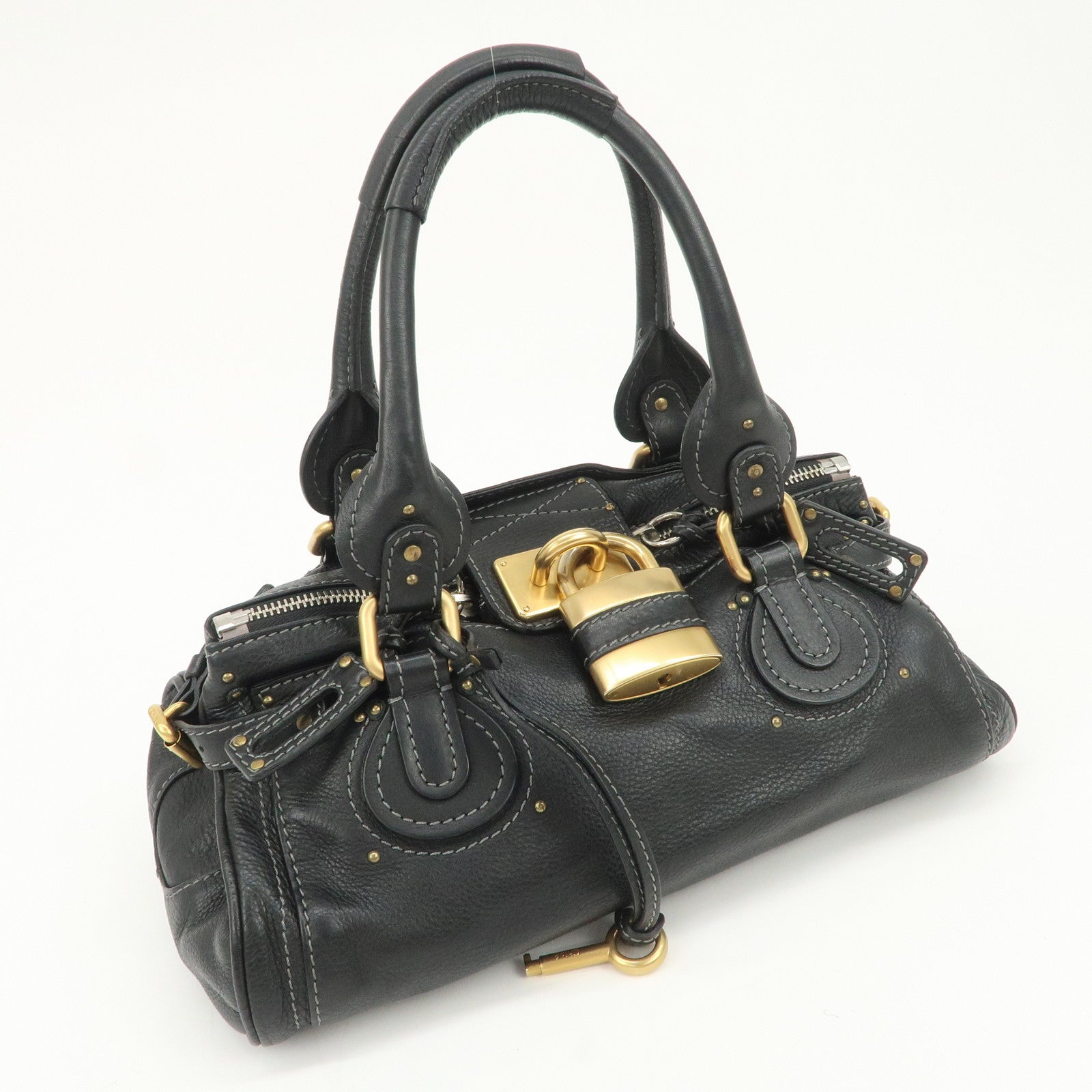Chloe Paddington Leather Hand Bag Shoulder Bag Black Gold