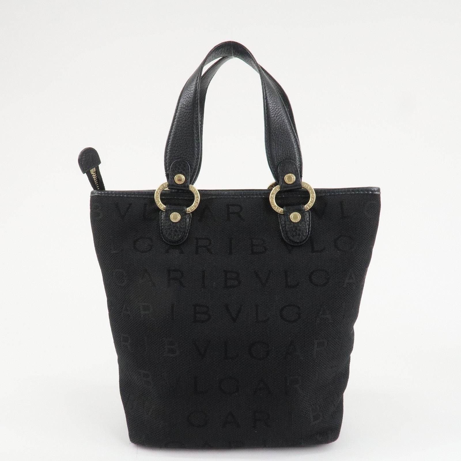 BVLGARI Logo Mania Leather Canvas Tote Bag Hand Bag Black Used