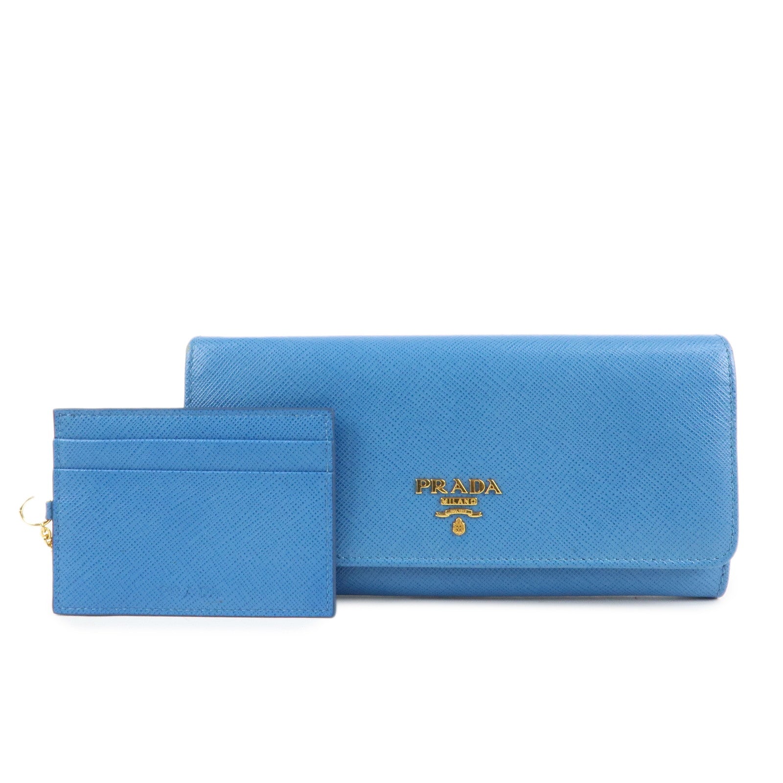 PRADA Saffiano Leather Bi-Fold Long Wallet Blue Gold HDW 1MH132 Used