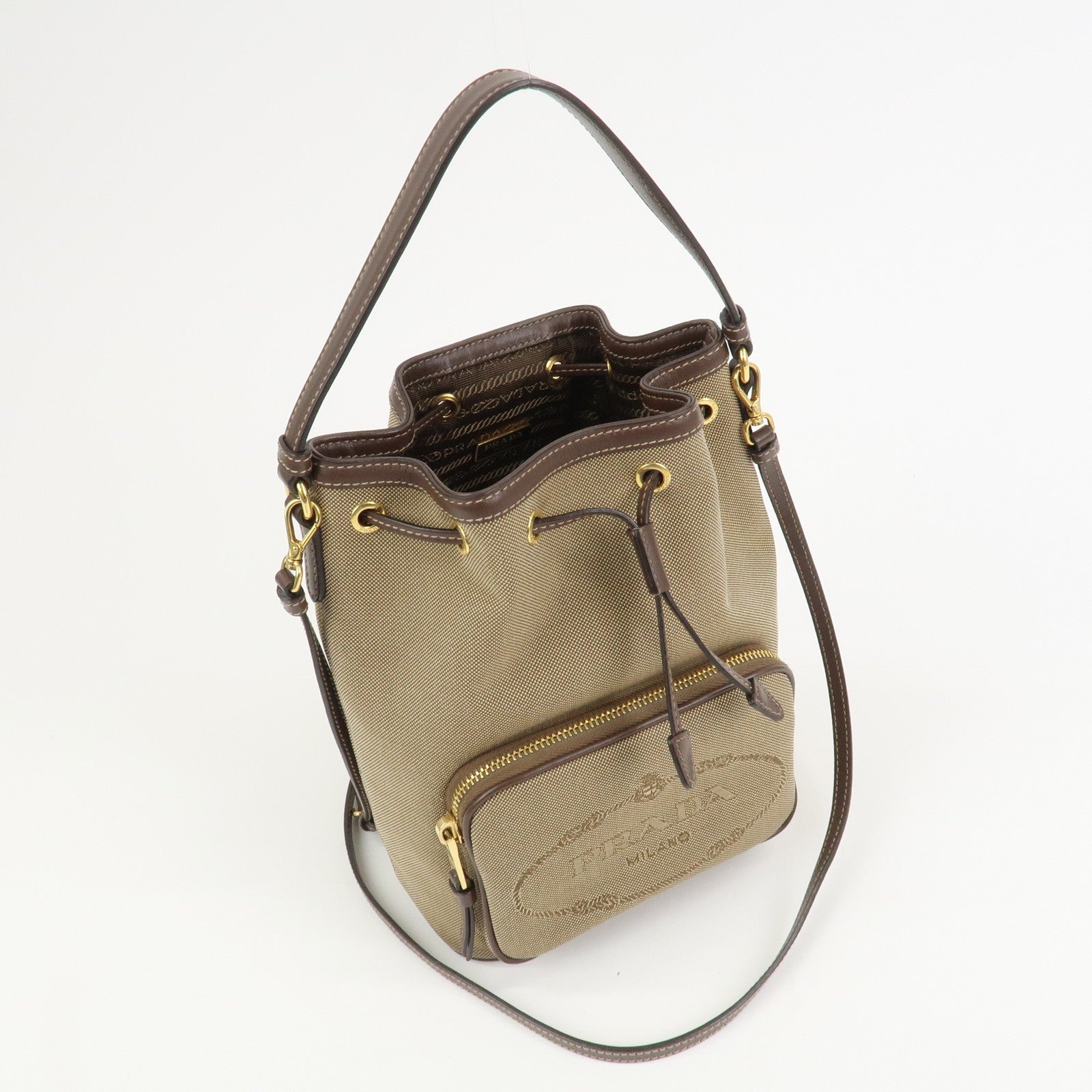 PRADA Jacquard Leather 2Way Bag Drawstring Hand Shoulder Bag 1BH038