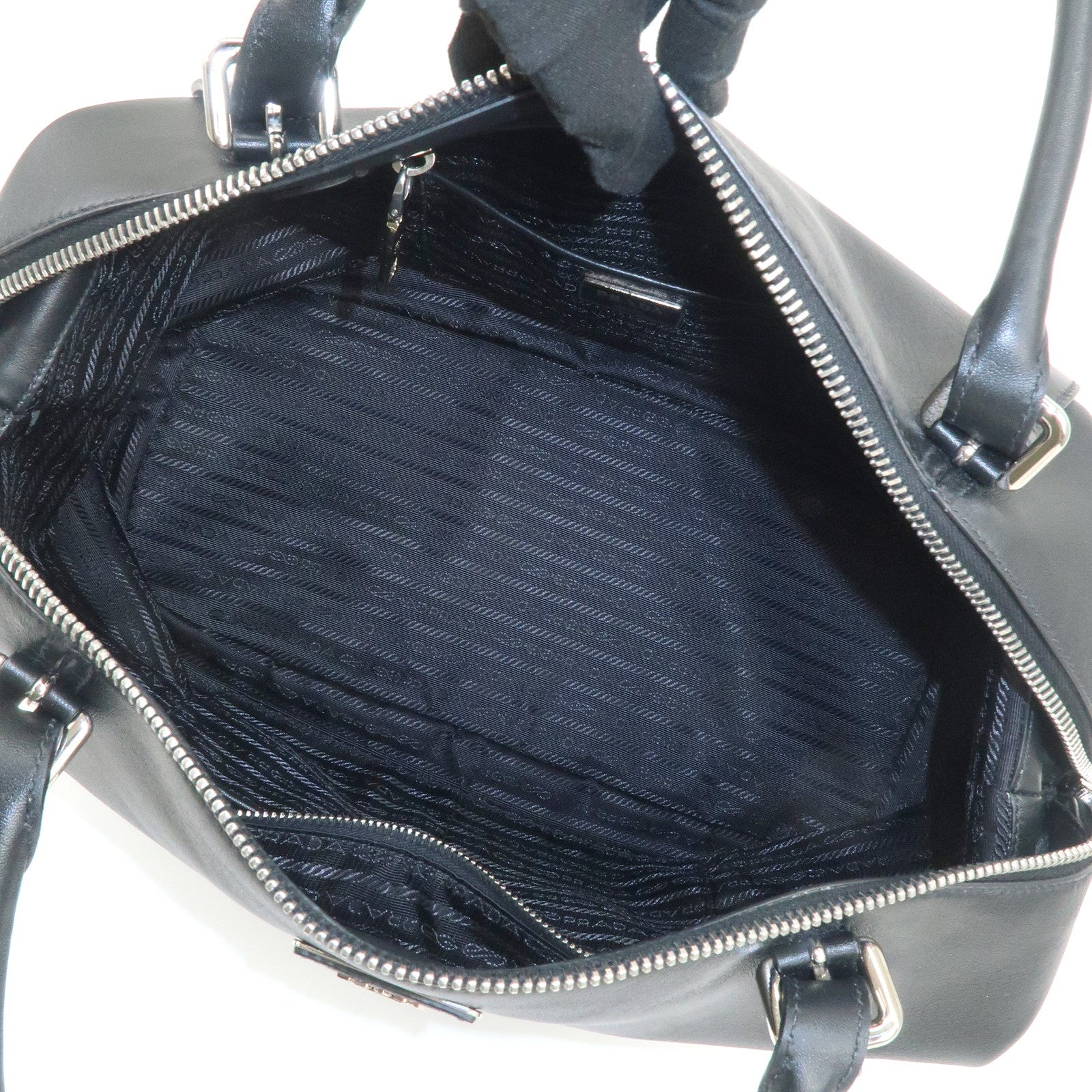 PRADA Triangle Logo Leather Boston Bag Shoulder Bag Black BR4998