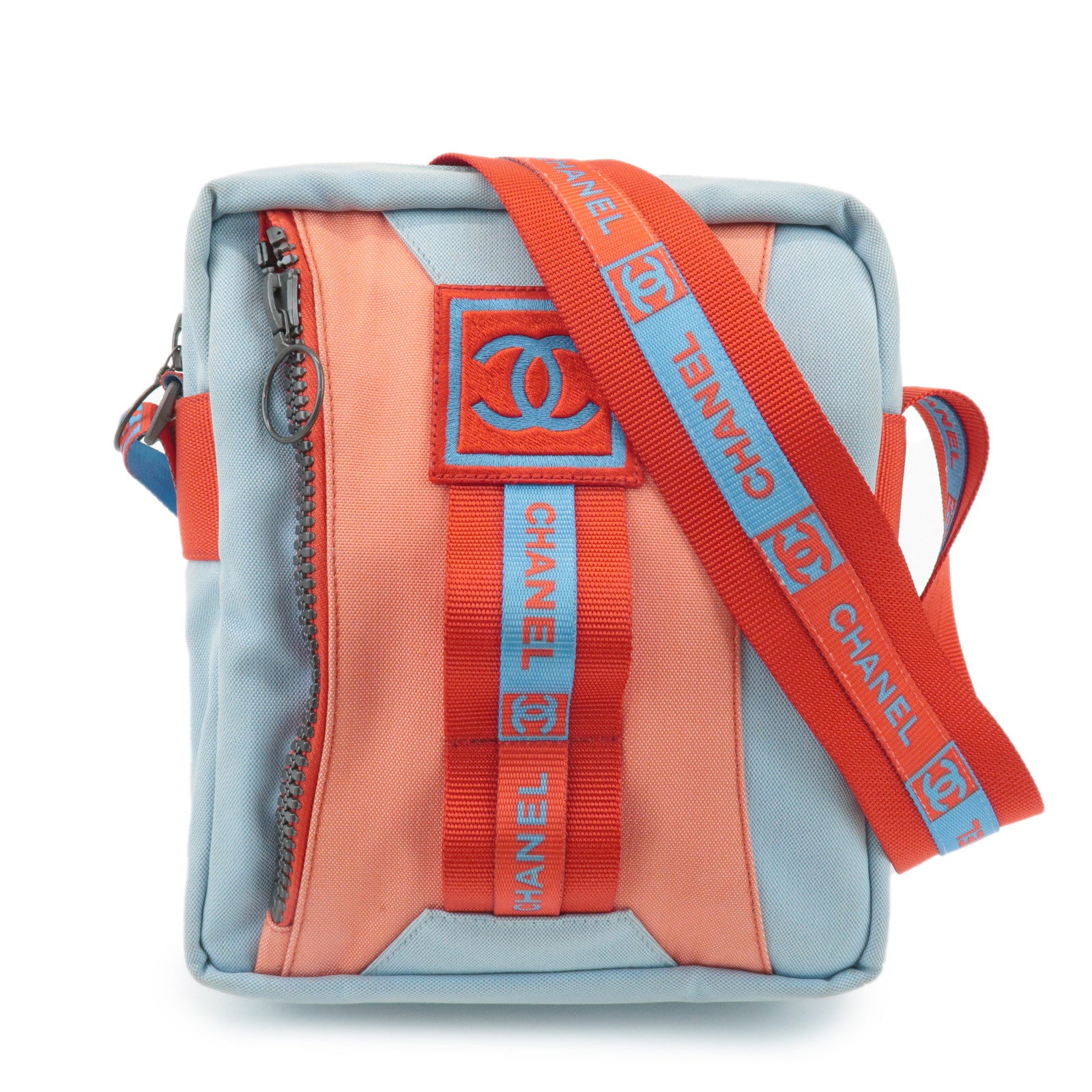 CHANEL Sportsline COCO Mark Nylon Canvas Shoulder Bag Red Blue Used