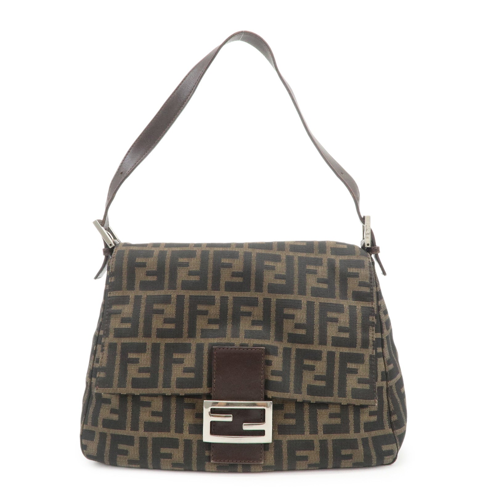 FENDI Mamma Baguette Zucca Canvas Leather Shoulder Bag Brown 26325