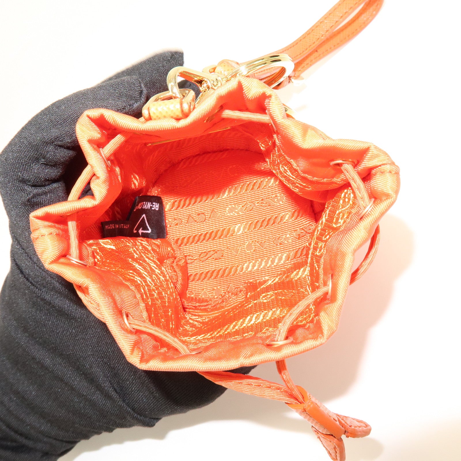 PRADA Triangle Logo Nylon Drawstring Wrist Bag Orange 1TT202