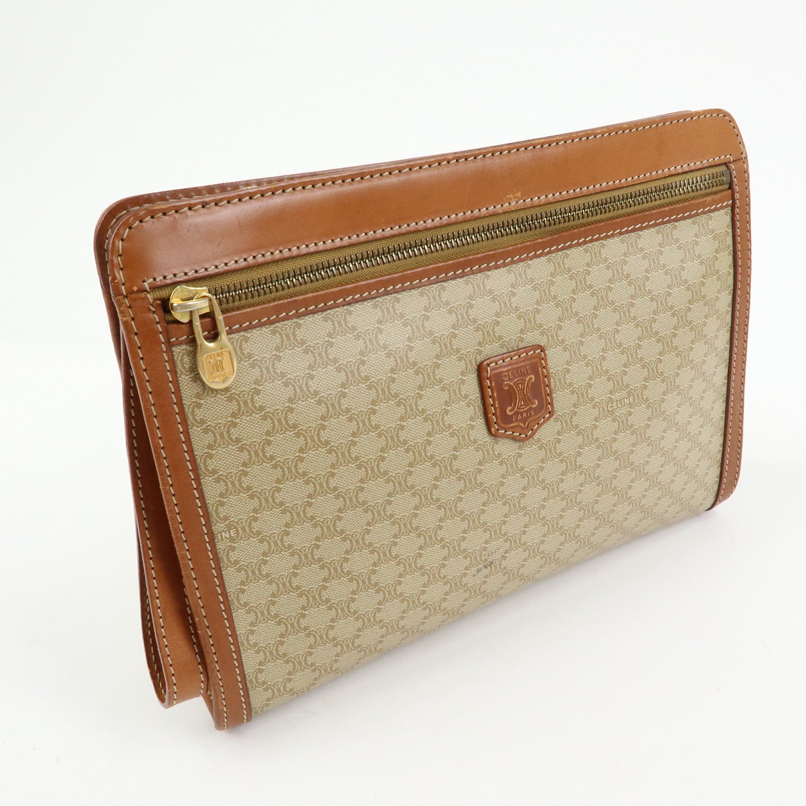 CELINE Macadam PVC Leather Clutch Bag Pouch Beige Brown