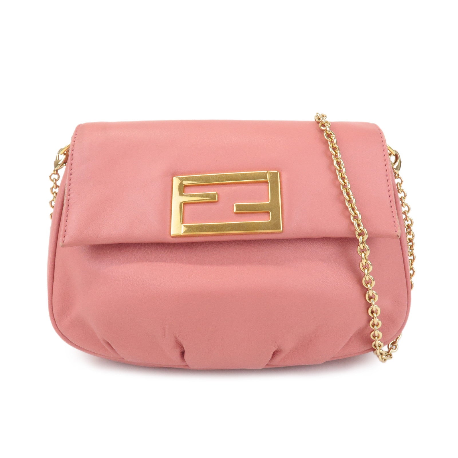 FENDI Leather Chain Shoulder Bag Purse Gold HDW Pink 8M0276 Used