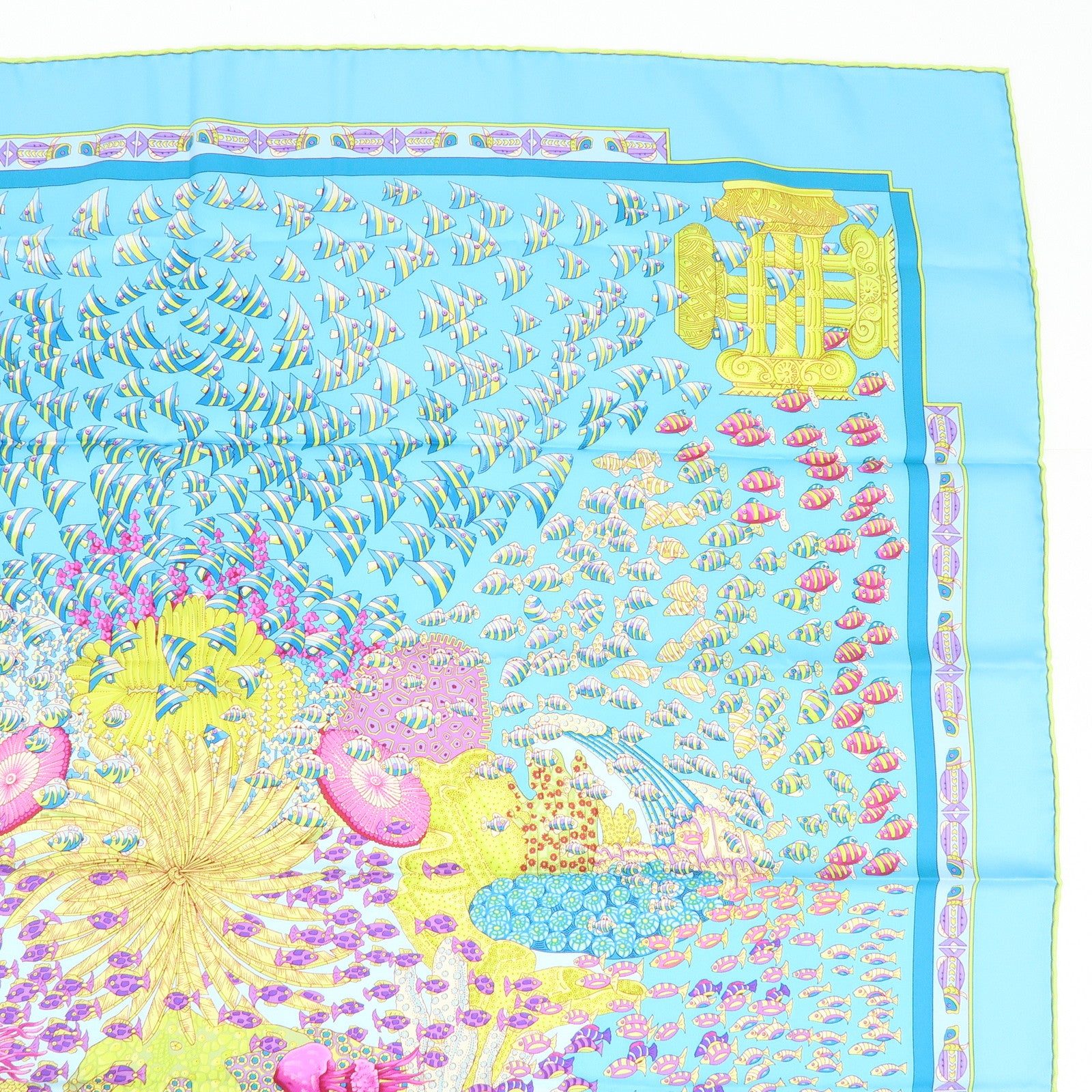 HERMES Carre 90 Silk 100% Scarf RENCONTRE OCEANE Light Blue Yellow