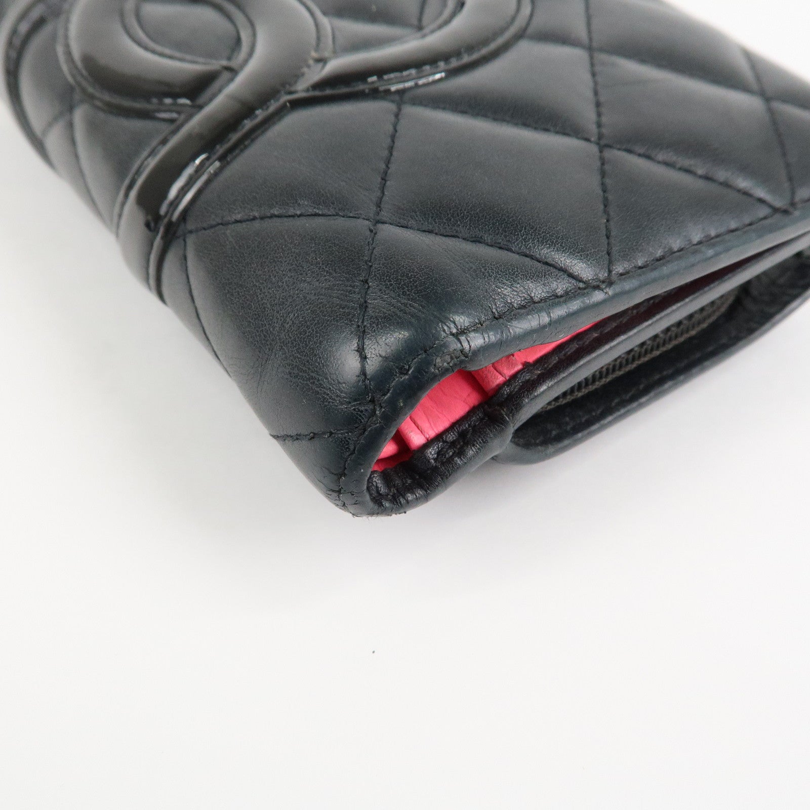 CHANEL Cambon Line COCO Mark Bifold Wallet Black Pink A50080 Used