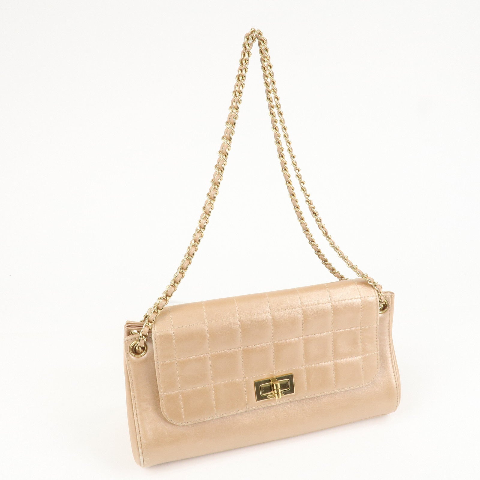 CHANEL Chocolate Bar Leather Chain Shoulder Bag Pink Gold Used