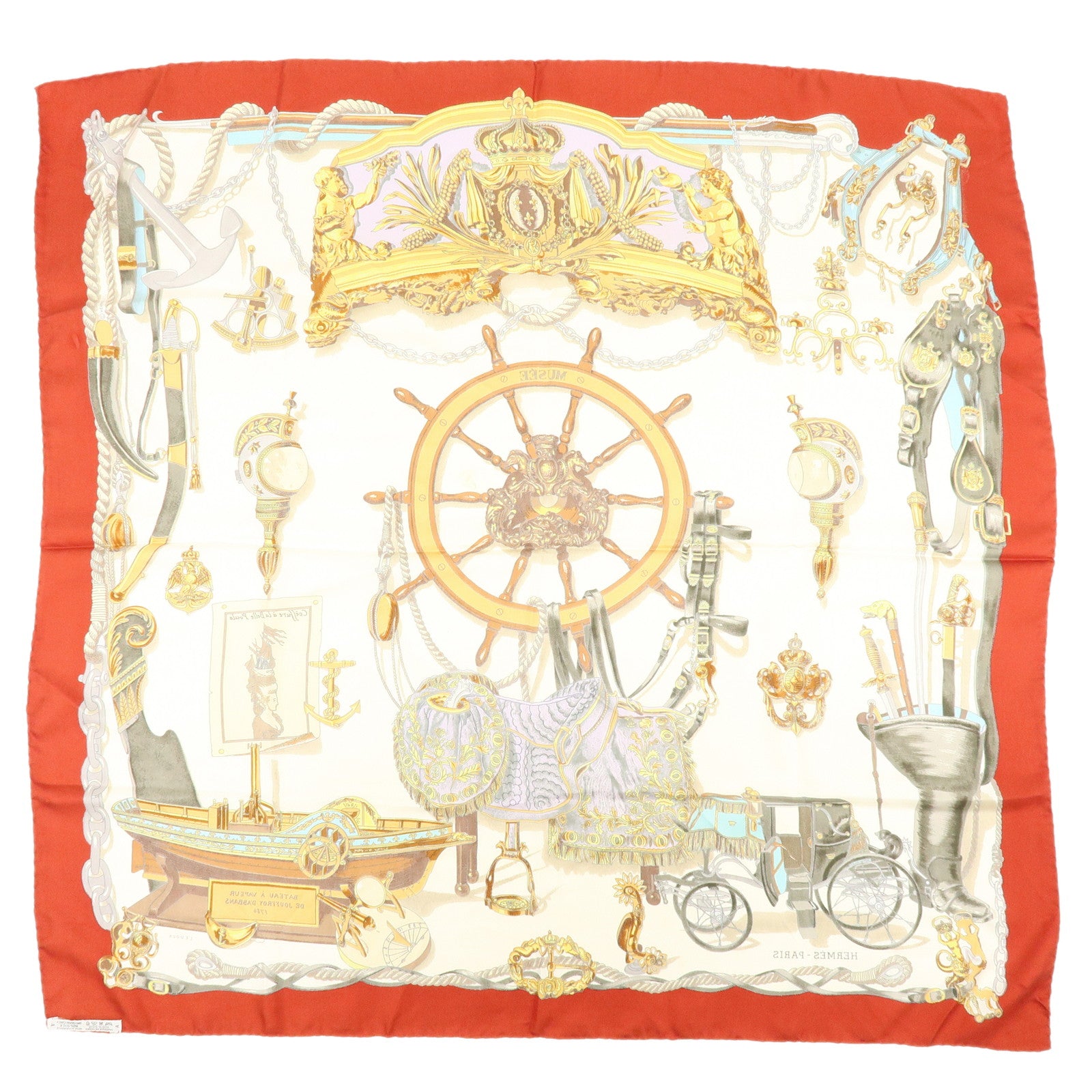 HERMES Carre 90 Silk 100% Scarf MUSEE Museum Print Red Beige