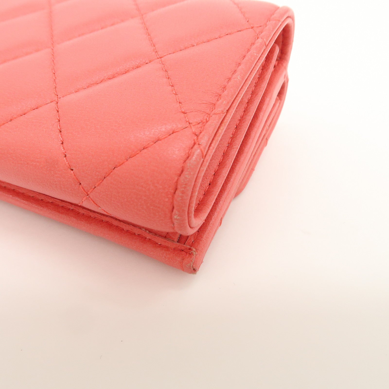 CHANEL Matelasse Lamb Skin Tri-fold Compact Wallet Coral AP0094
