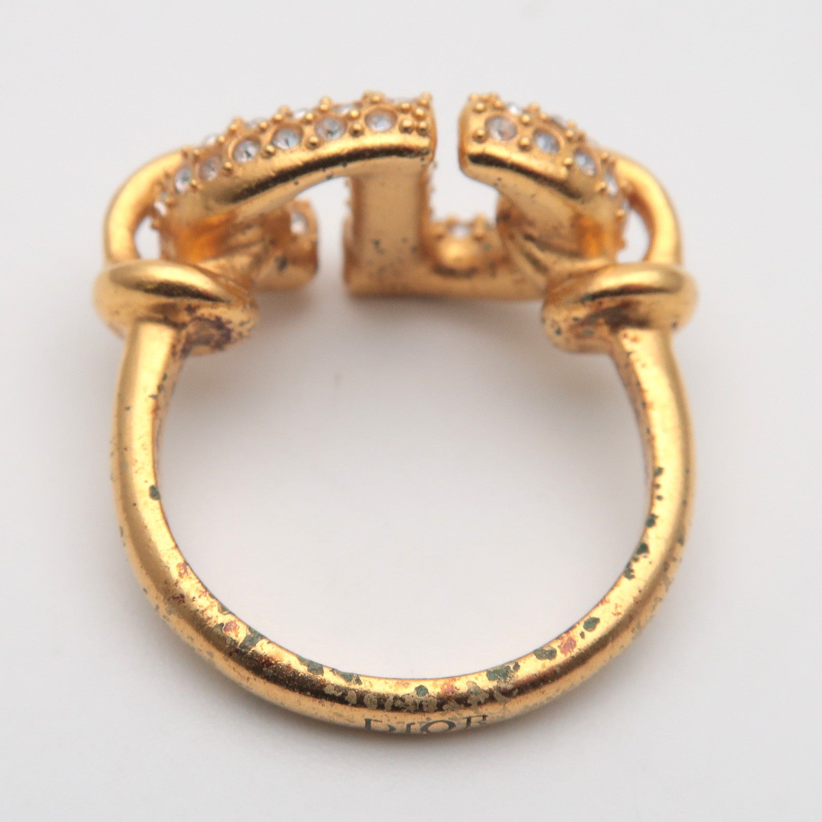 Christian Dior CD Logo Metal Rhinestone Ring M Gold US5 EU49